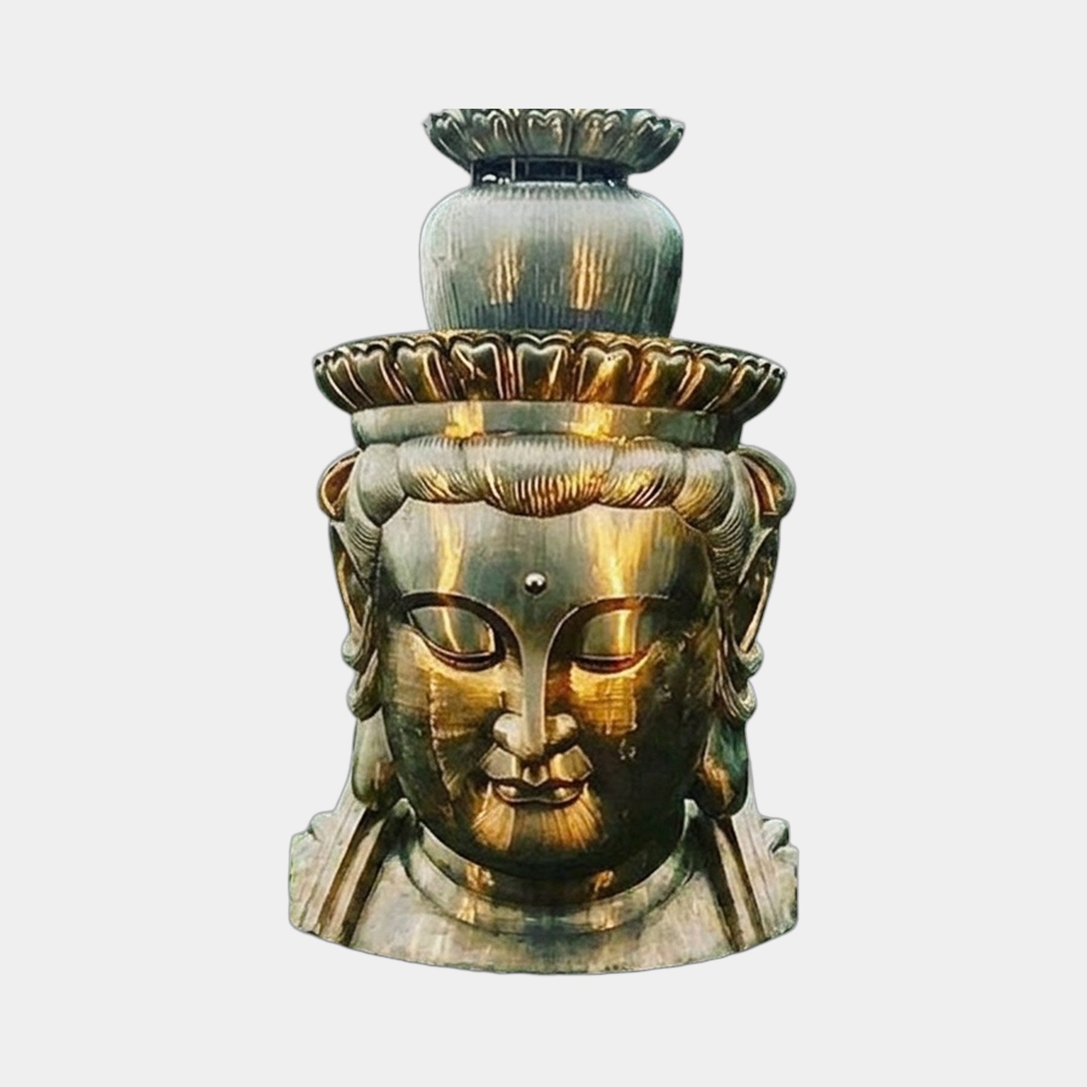 Large Traditional Gilded Buddha Head Bronze Sculpture by Giant Sculptures, front view showing serene downcast face, urna dot, and tiered lotus crown finial.