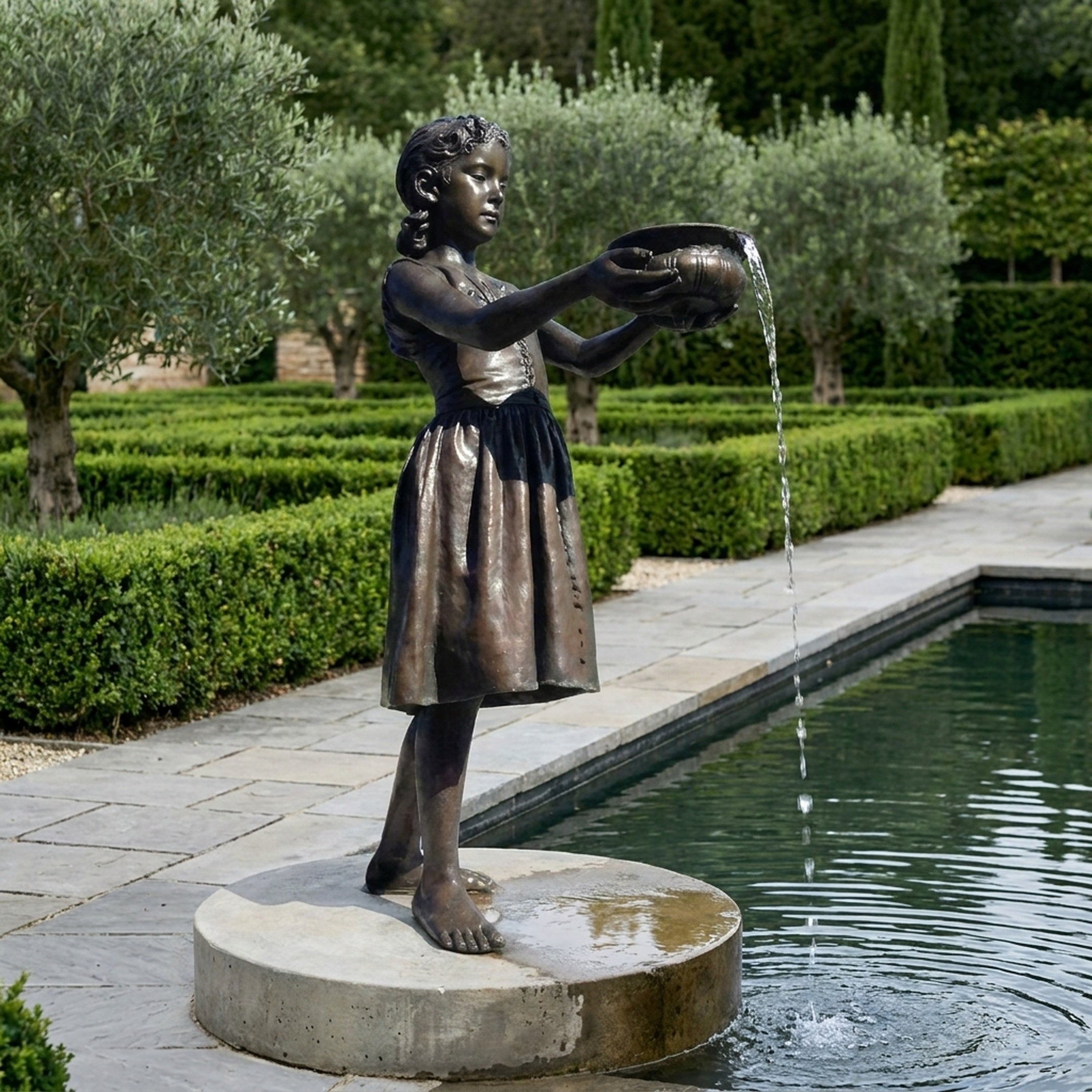 Large Traditional Girl Holding Bird Bath Bronze Fountain by Giant Sculptures, 190cm barefoot girl in dress pouring water from a bowl beside a garden pool.