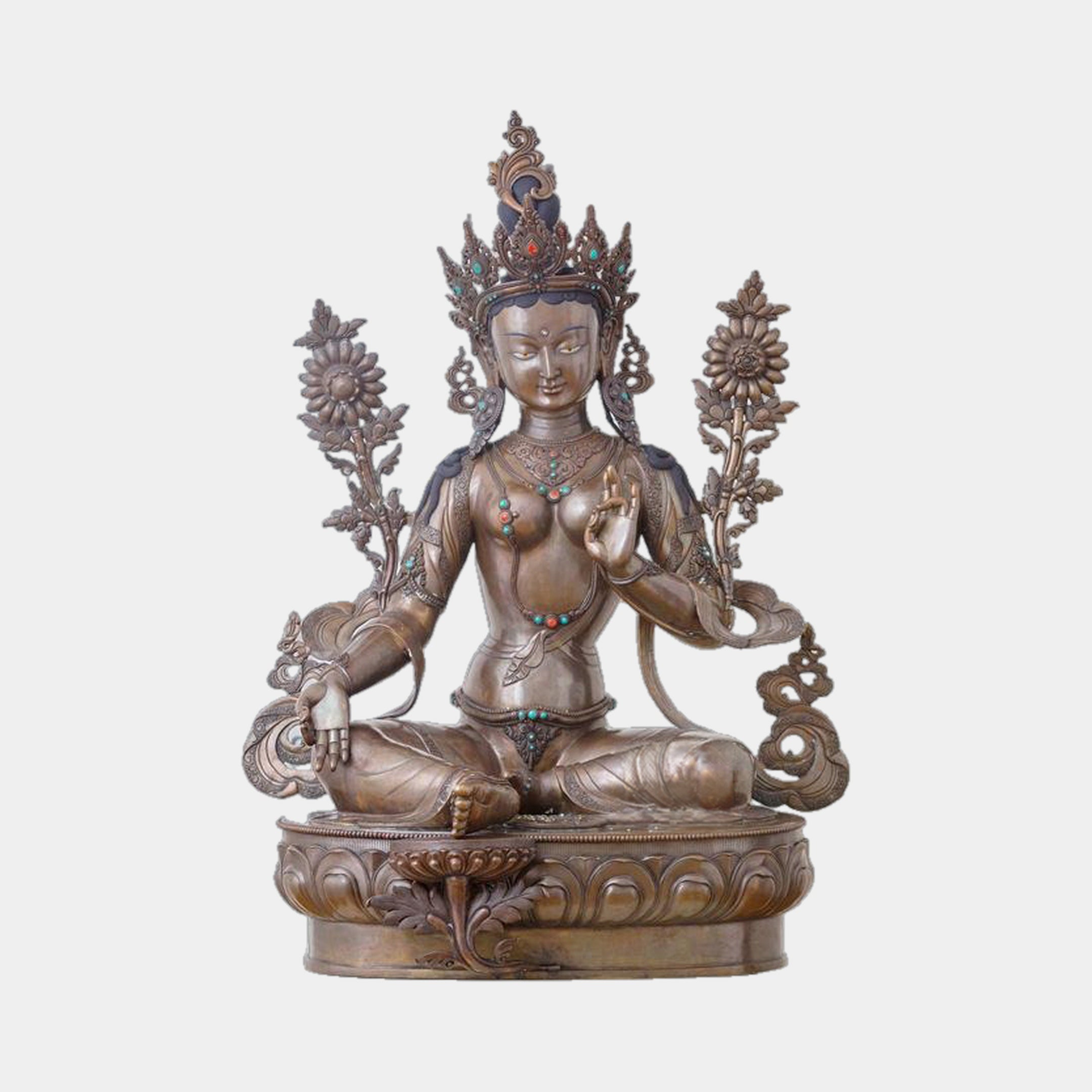 Giant Sculptures Large Traditional Green Tara Goddess Bronze Sculpture 180cm, seated in padmasana on a lotus throne with jeweled crown and twin lotus stems.