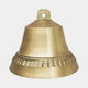 Large Traditional Hanging Bell Bronze Sculpture by Giant Sculptures in warm golden patina, showing the flared skirt with serrated band and crown suspension loop.