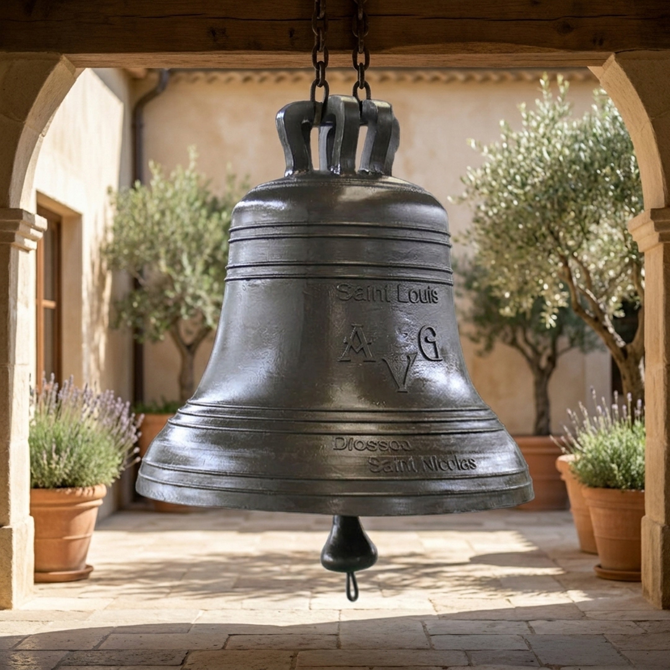 Large Traditional Inscribed Church Bell Bronze Sculpture by Giant Sculptures, 120cm, suspended by chains in an archway courtyard with olive trees and lavender.