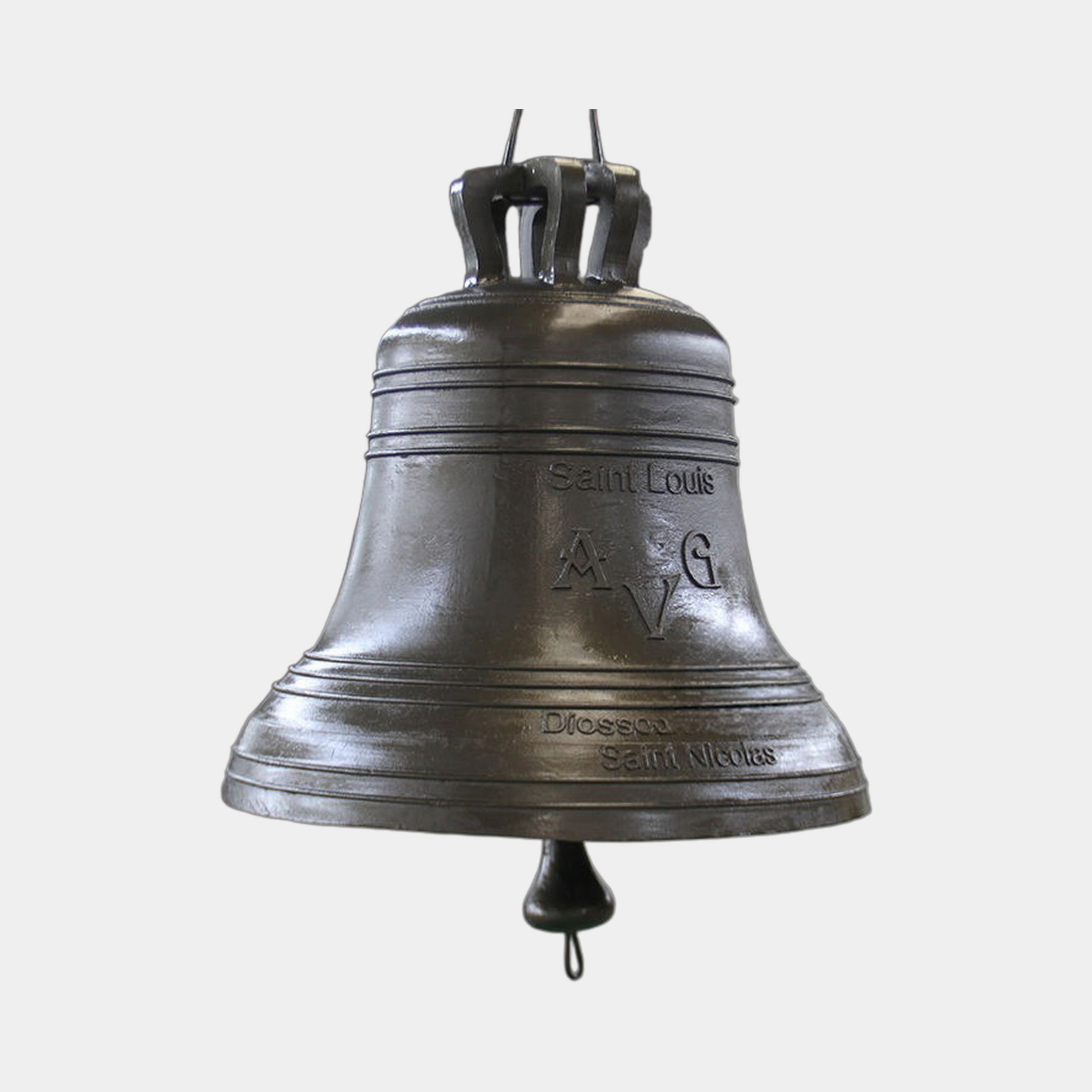 Large Traditional Inscribed Church Bell Bronze Sculpture by Giant Sculptures, dark patina with "Saint Louis", "AVG", and "Saint Nicolas" inscriptions, suspended from a wrought iron crown hanger against a plain light grey background.