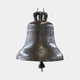 Large Traditional Inscribed Church Bell Bronze Sculpture by Giant Sculptures, dark patina with "Saint Louis", "AVG", and "Saint Nicolas" inscriptions, suspended from a wrought iron crown hanger against a plain light grey background.