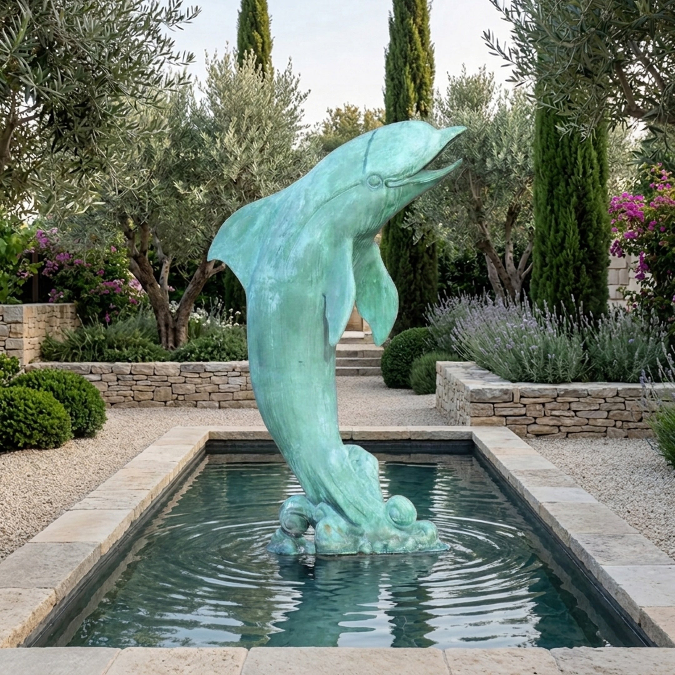 Large Traditional Leaping Dolphin Bronze Sculpture by Giant Sculptures with verdigris patina, arched mid-leap above a rectangular garden pool framed by olive and cypress trees.