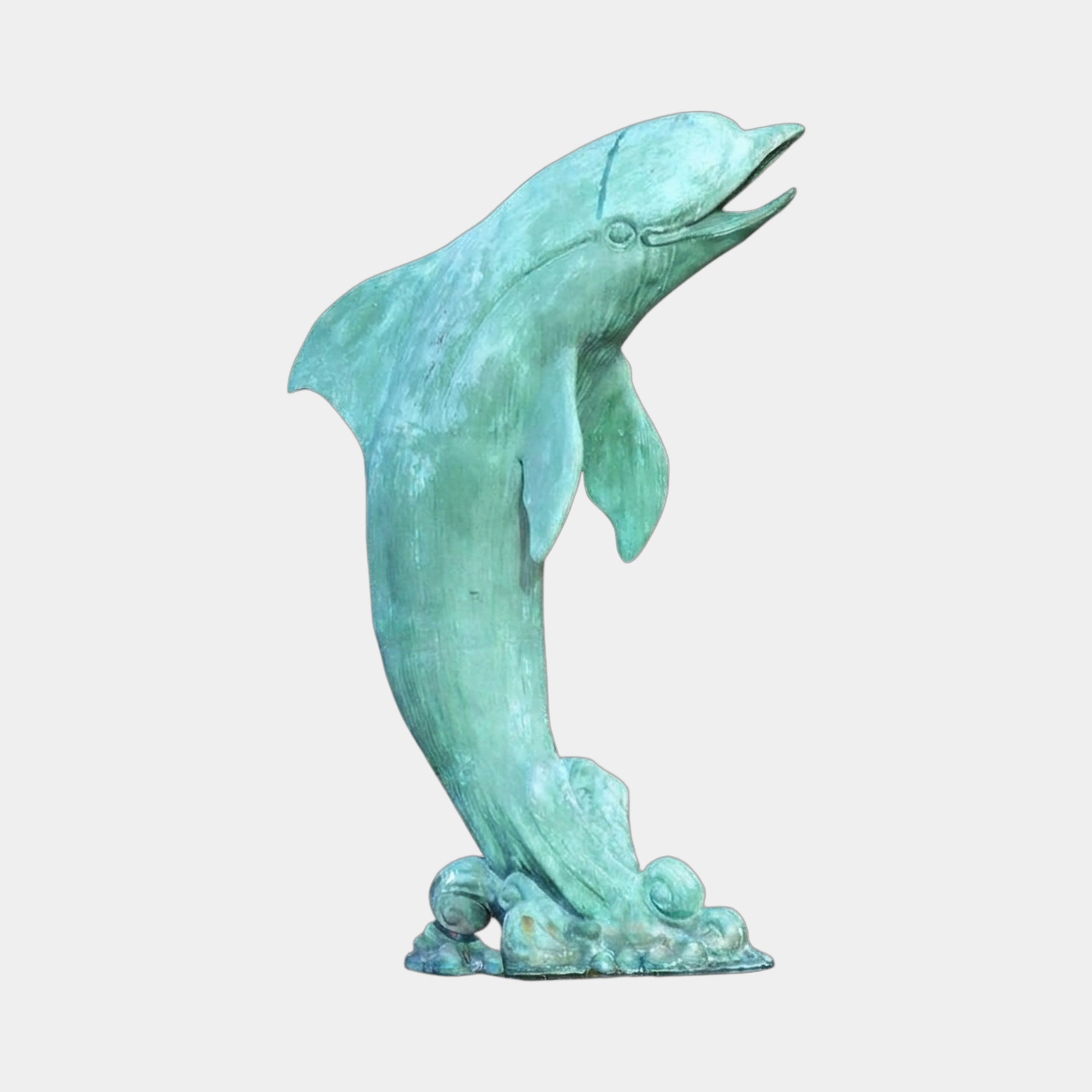 Large Traditional Leaping Dolphin Bronze Sculpture by Giant Sculptures with green verdigris patina, arched mid-leap on a wave-scroll base, on plain background.