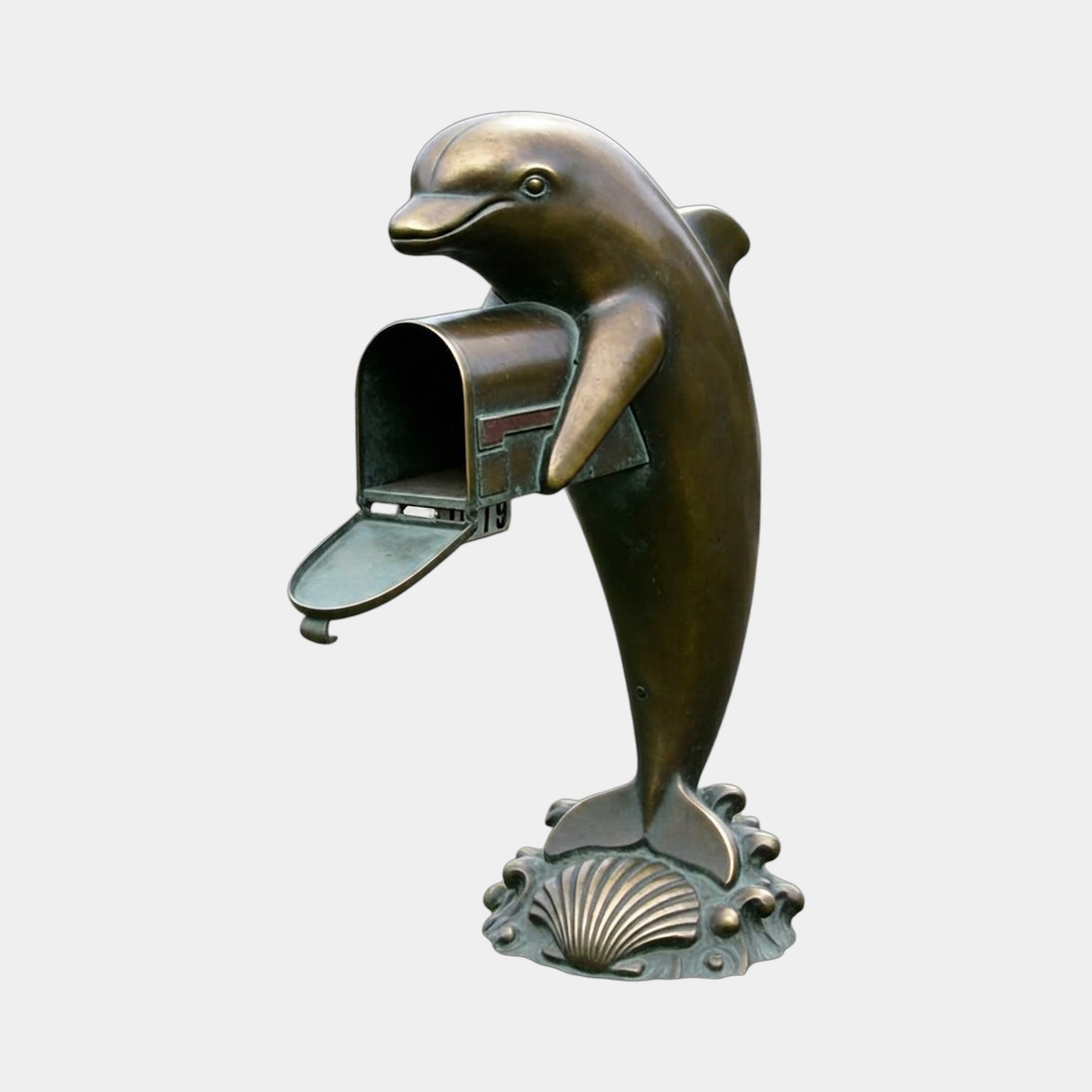 Large Traditional Leaping Dolphin Mailbox Bronze Sculpture by Giant Sculptures, shown side-on with open mailbox door, on a scallop shell and wave base.