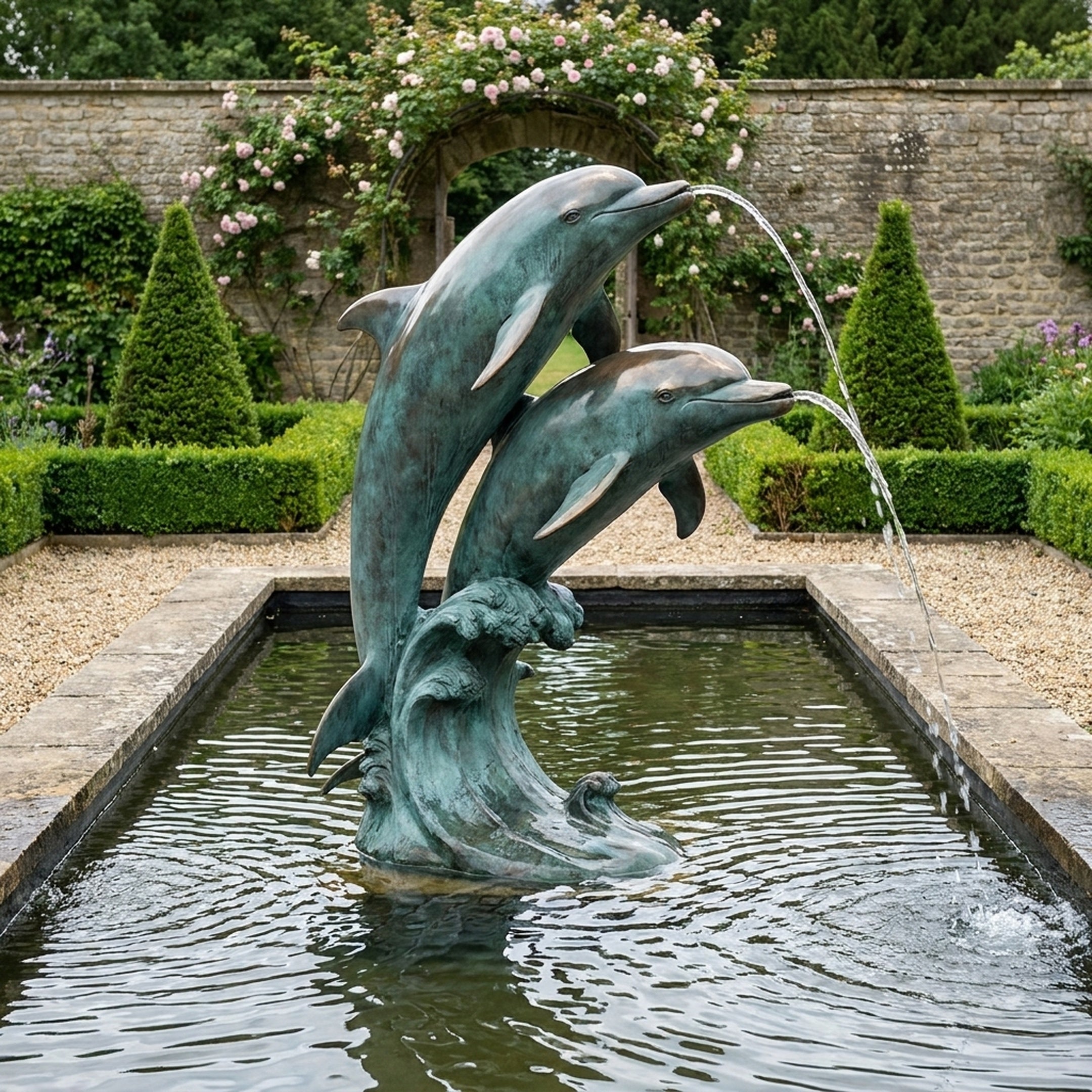 Large Traditional Leaping Dolphins Bronze Fountain by Giant Sculptures, two verdigris dolphins arcing from a sculpted wave, spouting water into a walled garden pool.