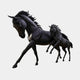 Life-Size Traditional Standing Foal Bronze Sculpture, 190cm, dark bronze finish, shown mid-stride beside a larger horse figure on a plain white background.
