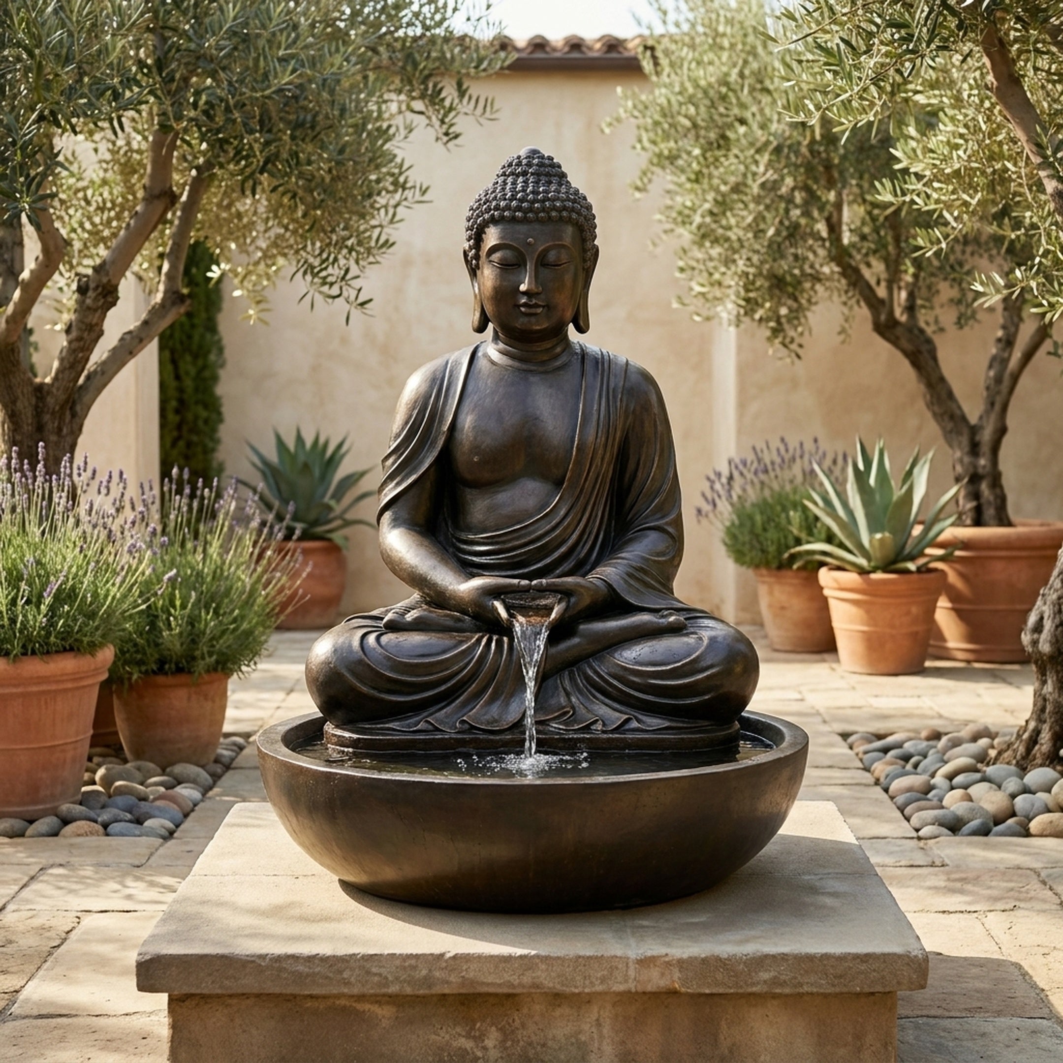 Large Traditional Meditating Buddha Bronze Fountain by Giant Sculptures in dark patina, seated in lotus pose with water cascading into a basin in a sunlit courtyard.