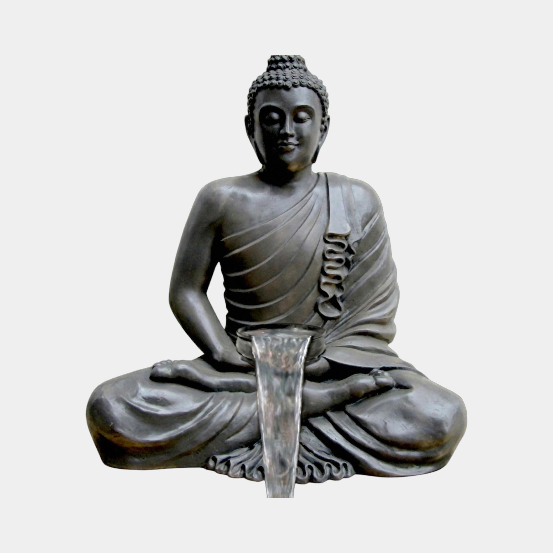 Large Traditional Meditating Buddha Bronze Fountain by Giant Sculptures in dark patina, seated in lotus pose with water cascading from the lap, on a plain background.