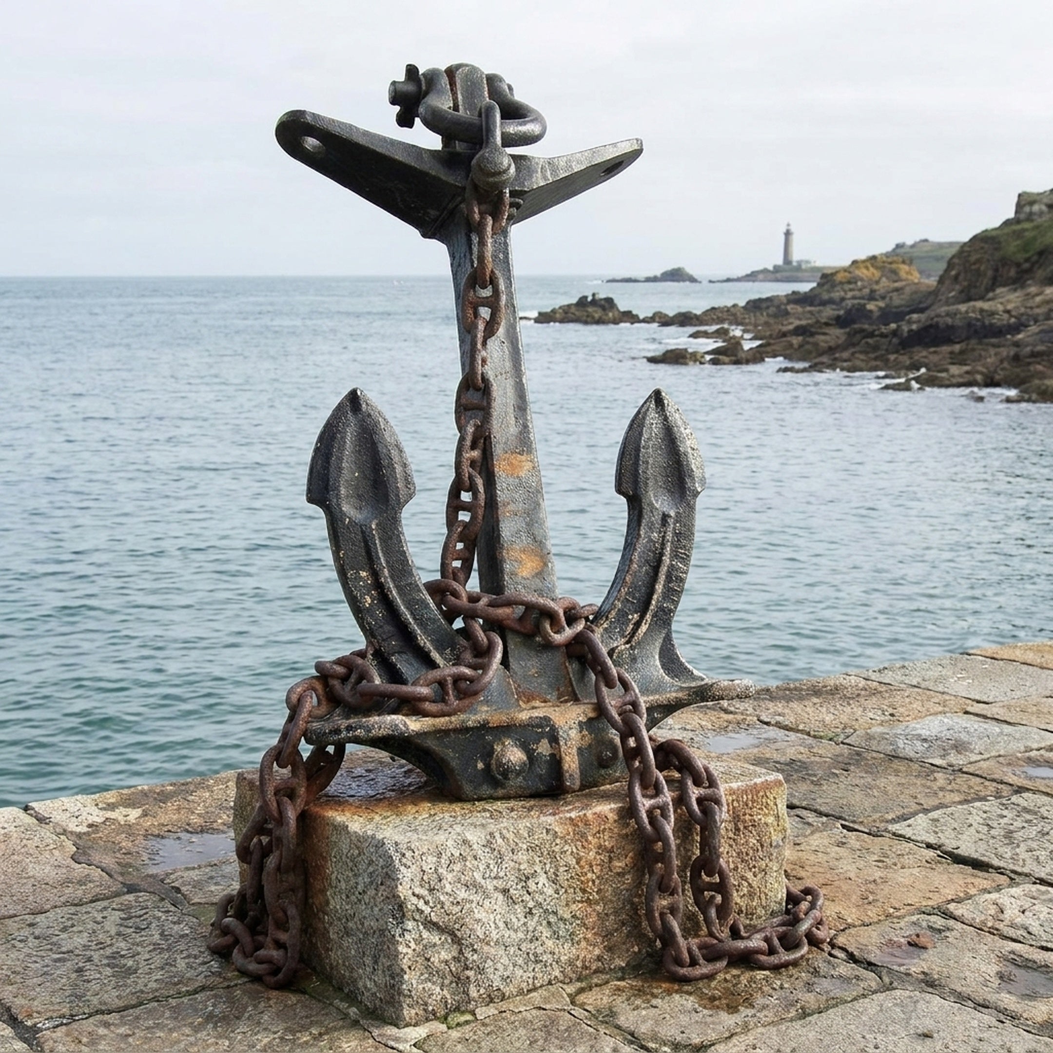 Large Traditional Naval Anchor Bronze Sculpture by Giant Sculptures, 200cm, dark patinated admiralty anchor wrapped in rusted chain on a stone block by the sea.