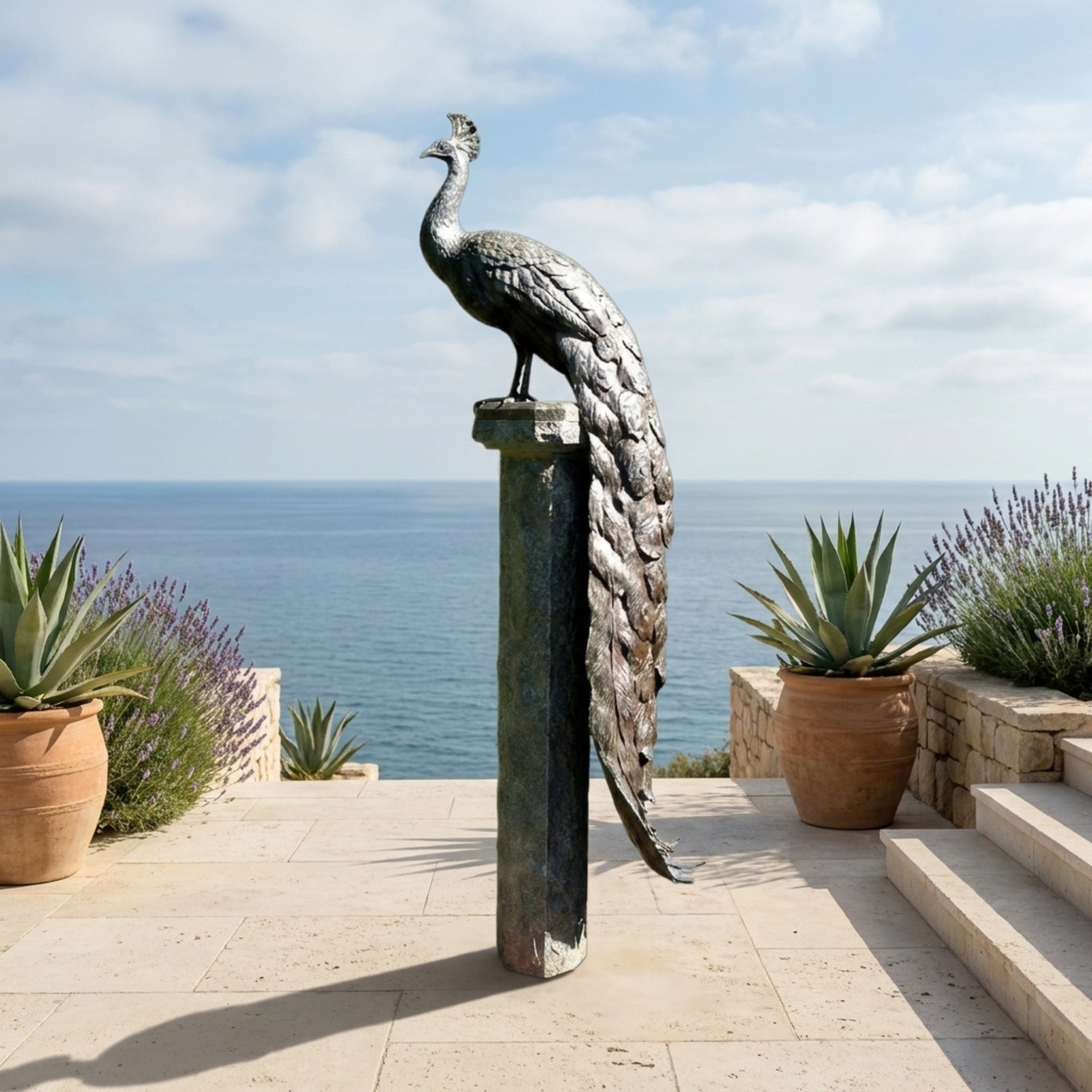 Large Traditional Peacock Bronze Sculpture by Giant Sculptures on a tall stone column, tail cascading down, set on a seaside terrace with agaves and lavender.