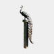 Large Traditional Peacock Bronze Sculpture by Giant Sculptures, 250cm, perched on a tall stone column with tail feathers cascading down its length.