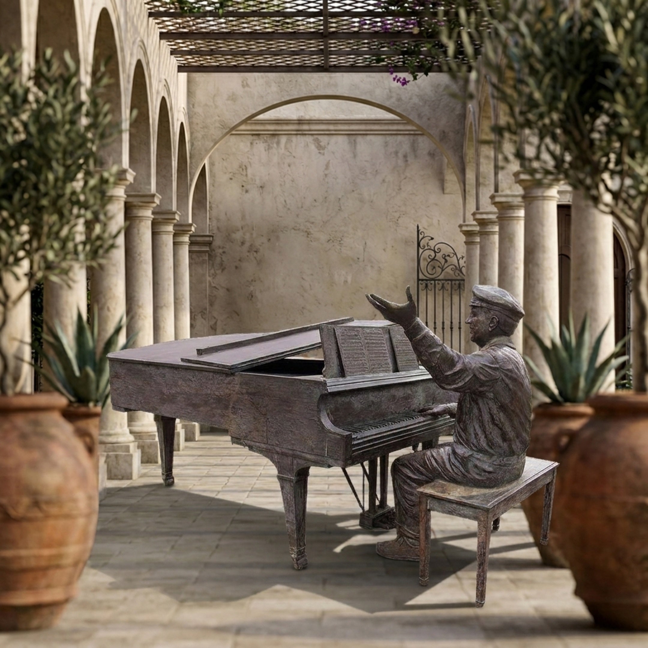 Large Traditional Pianist Bronze Sculpture by Giant Sculptures, 180cm seated figure at a grand piano with raised hand, displayed in a stone arched courtyard.