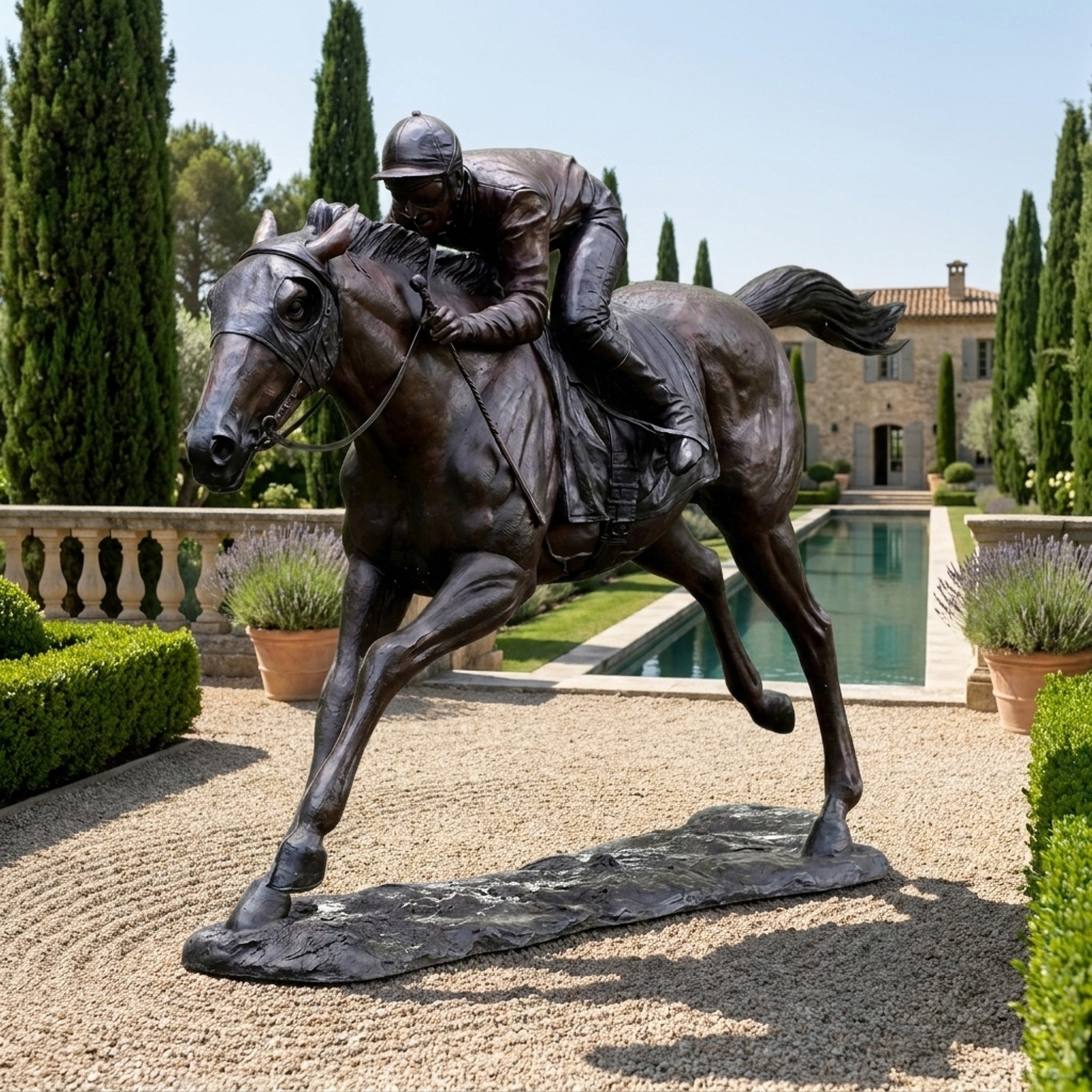 Large Traditional Racehorse and Jockey Bronze Sculpture by Giant Sculptures, shown mid-gallop on gravel beside a Mediterranean villa pool lined with cypress trees.