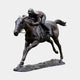 Large Traditional Racehorse and Jockey Bronze Sculpture by Giant Sculptures, shown mid-gallop with the jockey crouched low, dark brown patina, plain background.