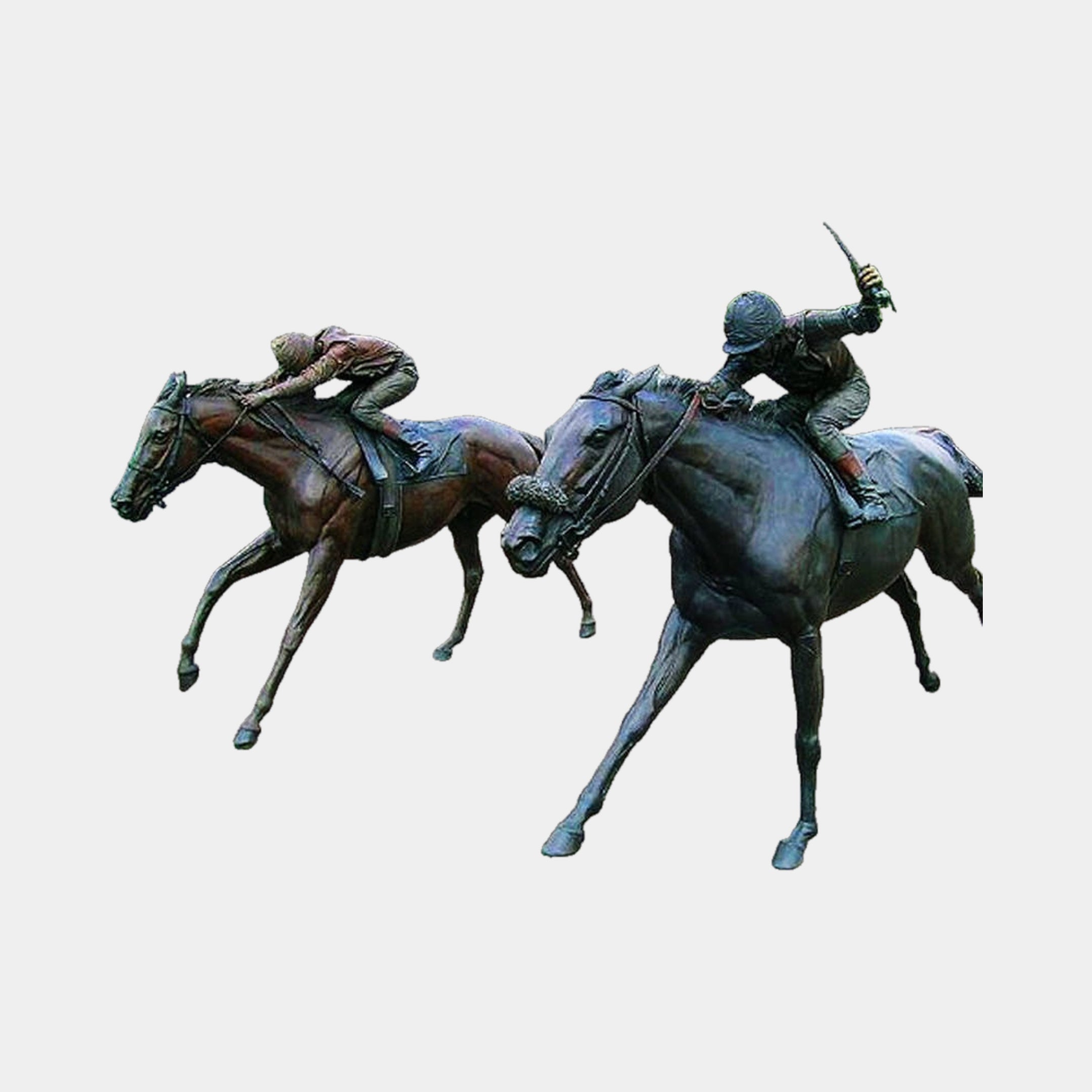 Large Traditional Racing Horses and Jockeys Bronze Sculpture by Giant Sculptures, two galloping thoroughbreds with crouched jockeys in warm brown patina.