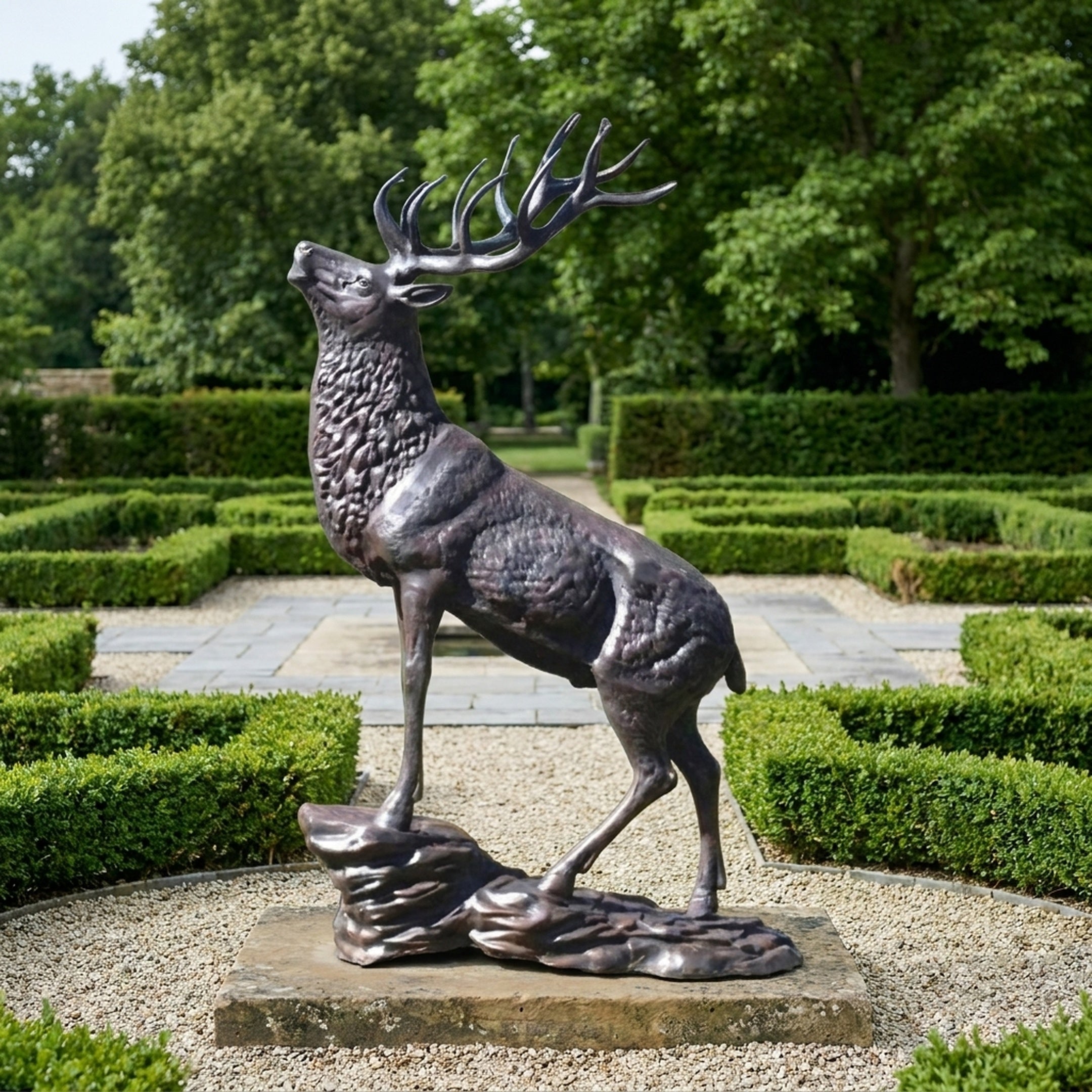 Large Traditional Rearing Stag Bronze Sculpture by Giant Sculptures, dark patinated stag with raised head and antlers on a rocky base, set in a formal hedged garden.