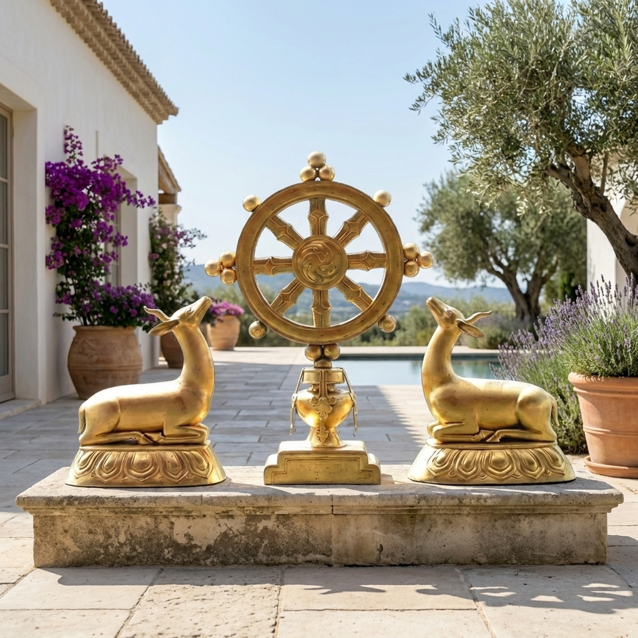 Large Traditional Recumbent Deer and Dharma Wheel Bronze Sculpture by Giant Sculptures in polished gold on a stone plinth beside a poolside terrace.