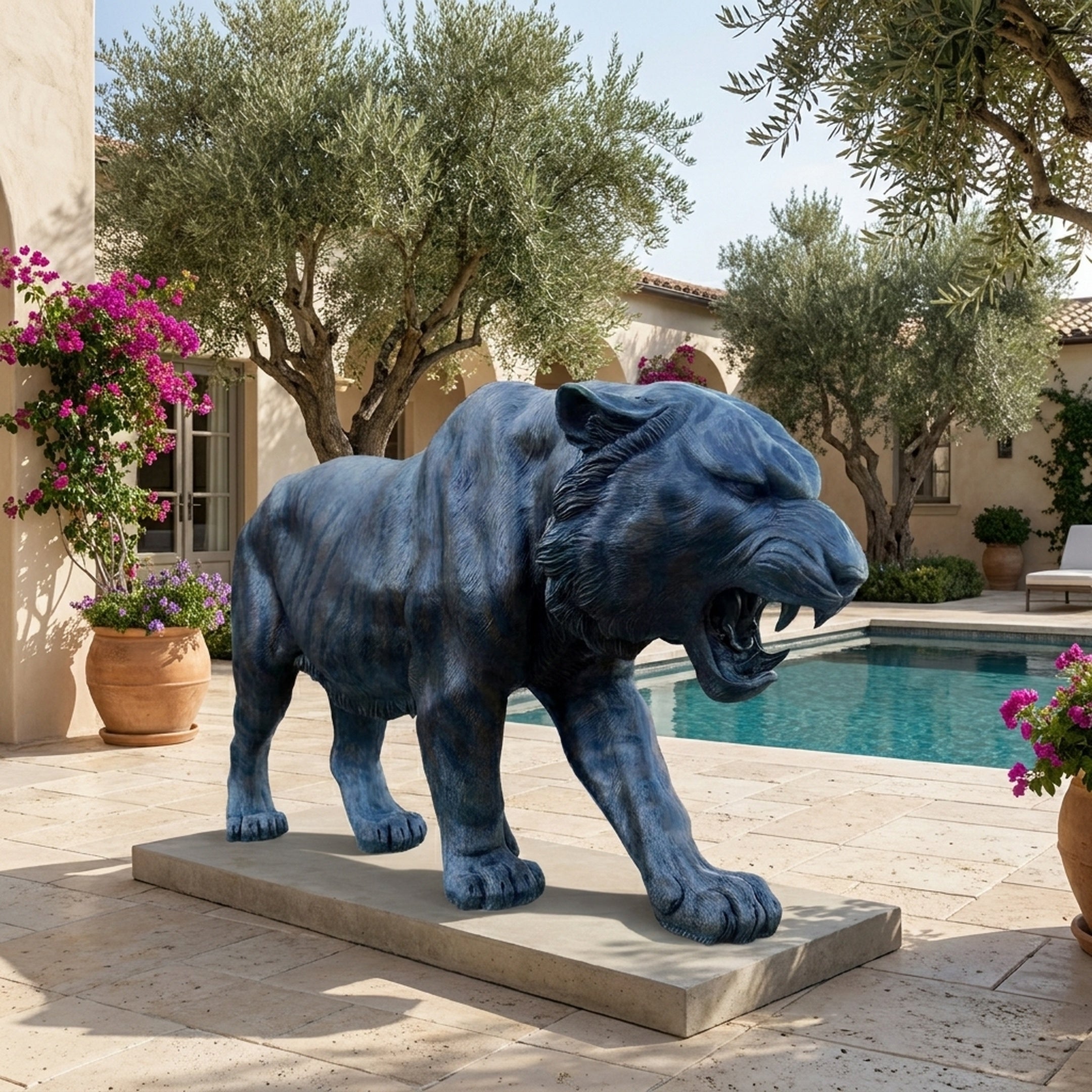 Giant Sculptures Large Traditional Roaring Tiger Bronze Sculpture 180cm with dark blue-black patina, displayed on a stone plinth beside a poolside Mediterranean courtyard.