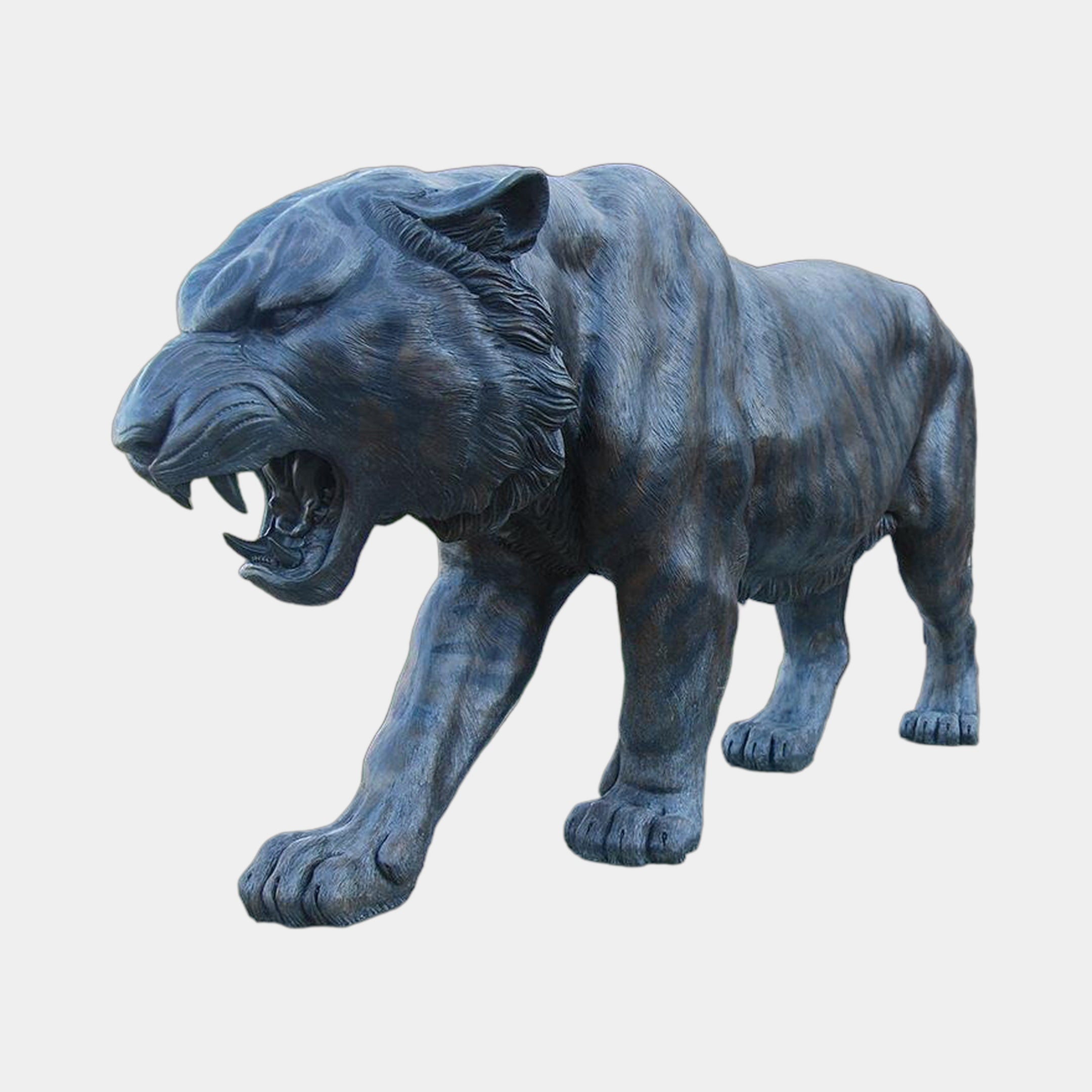Large Traditional Roaring Tiger Bronze Sculpture by Giant Sculptures, 180cm, shown in a forward-leaning crouch with open jaws and dark patina, on plain background.