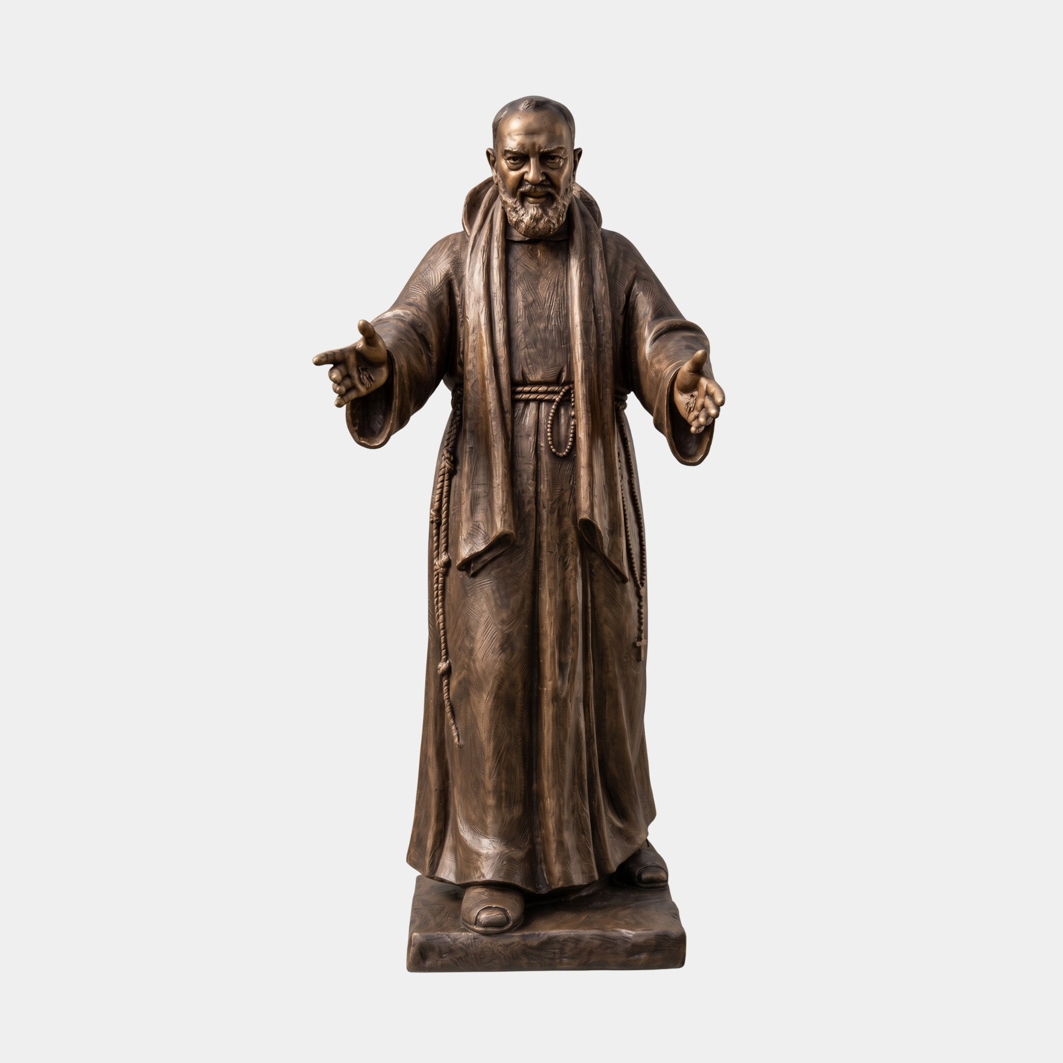 Large Traditional Robed Blessing Figure Bronze Statue by Giant Sculptures, 220cm friar in habit with arms outstretched on a plinth, against a plain background.
