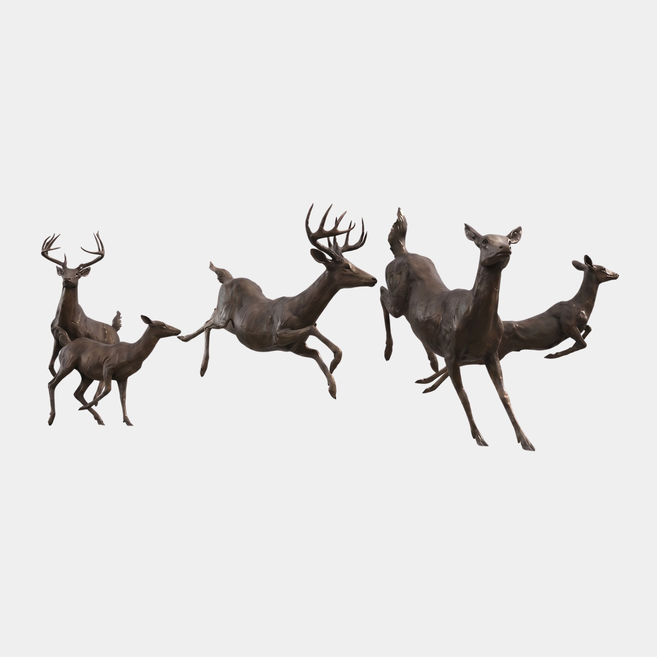 Large Traditional Running Deer Herd Bronze Fountain by Giant Sculptures, showing six leaping stags and does in dark antique patina on a plain background.