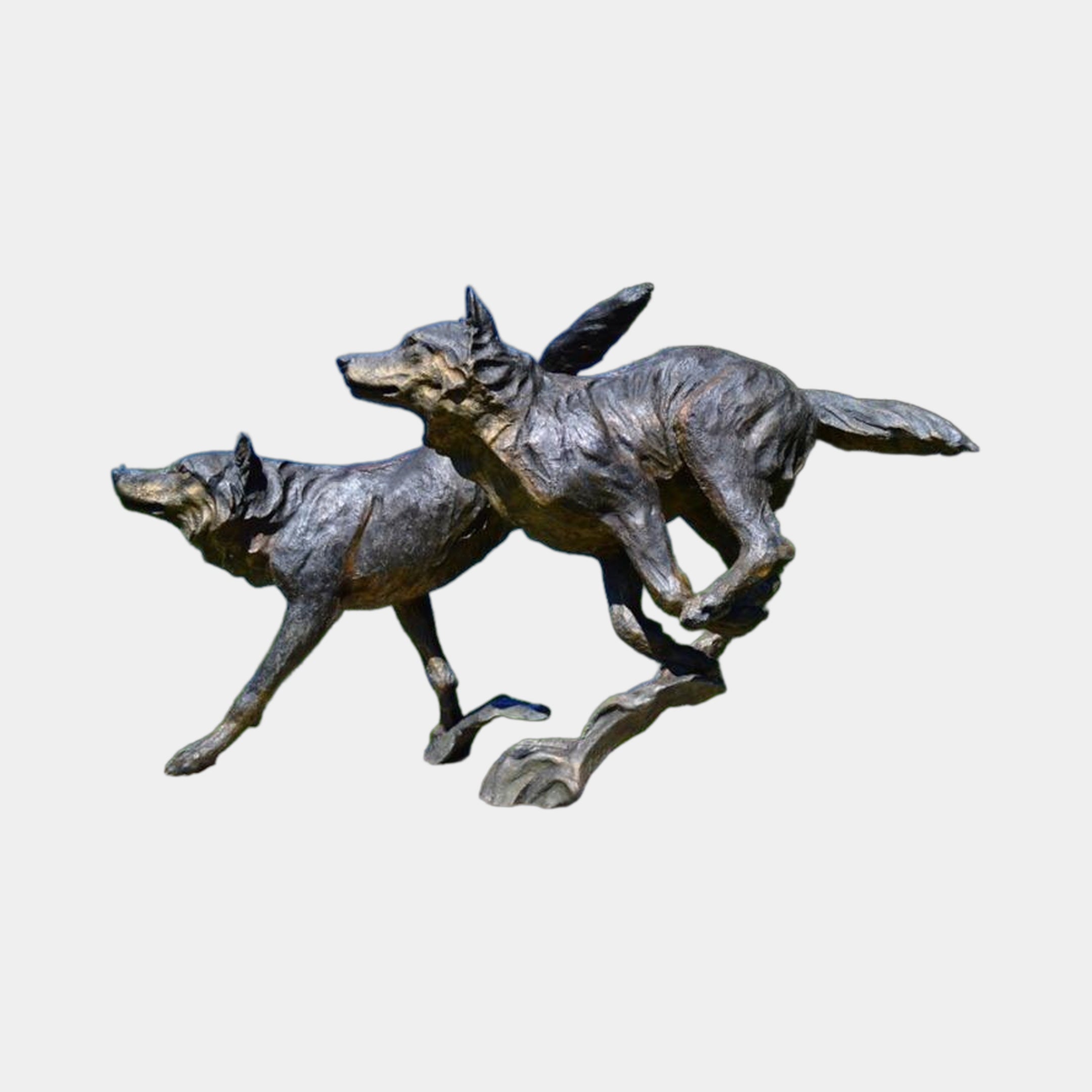 Large Traditional Running Wolves Bronze Sculpture by Giant Sculptures, two wolves mid-stride with dark brown-black patina and golden highlights, on a plain background.