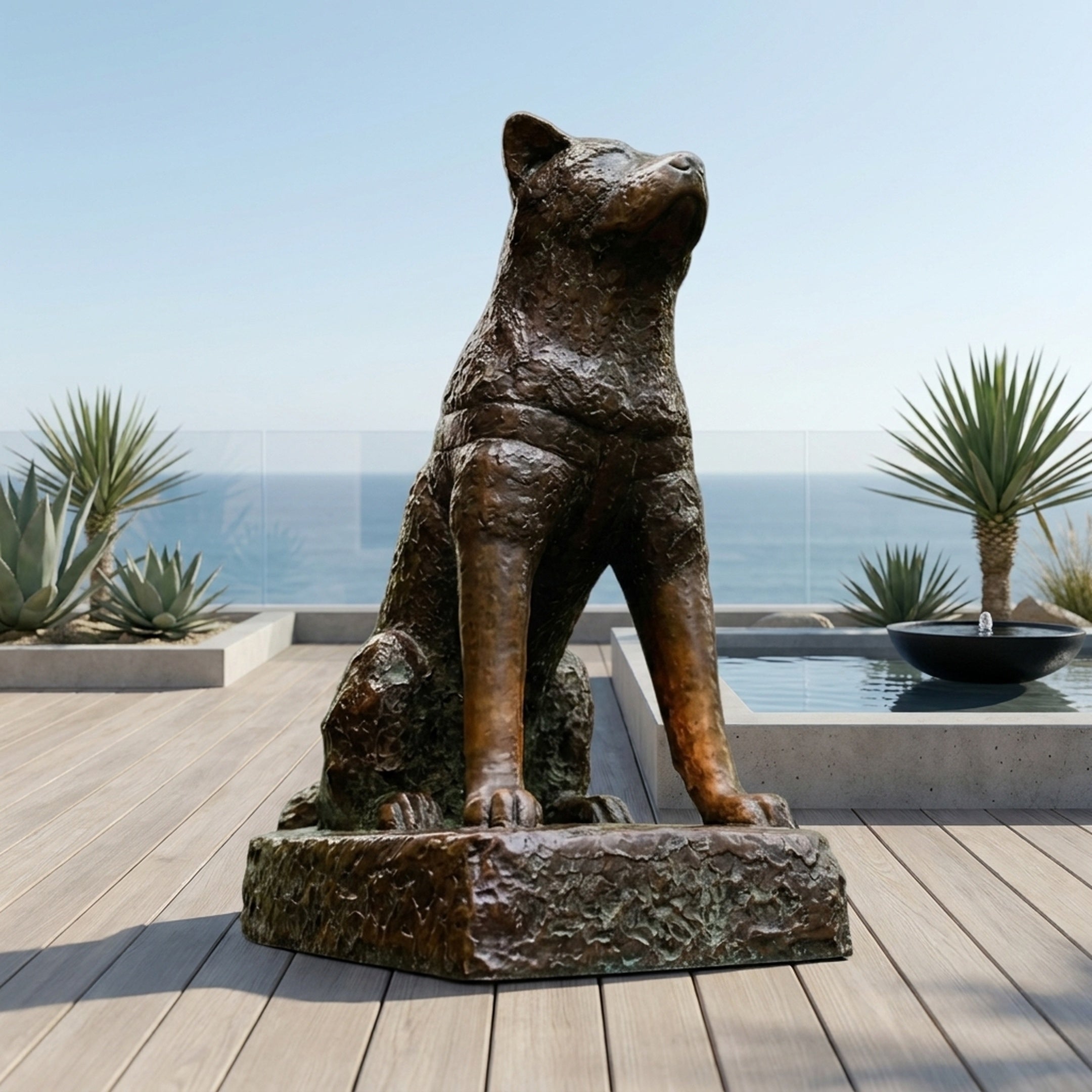Giant Sculptures' 150cm Large Traditional Seated Akita Dog Bronze Sculpture with dark brown patina on a rocky base, displayed on a seaside terrace beside a water feature.