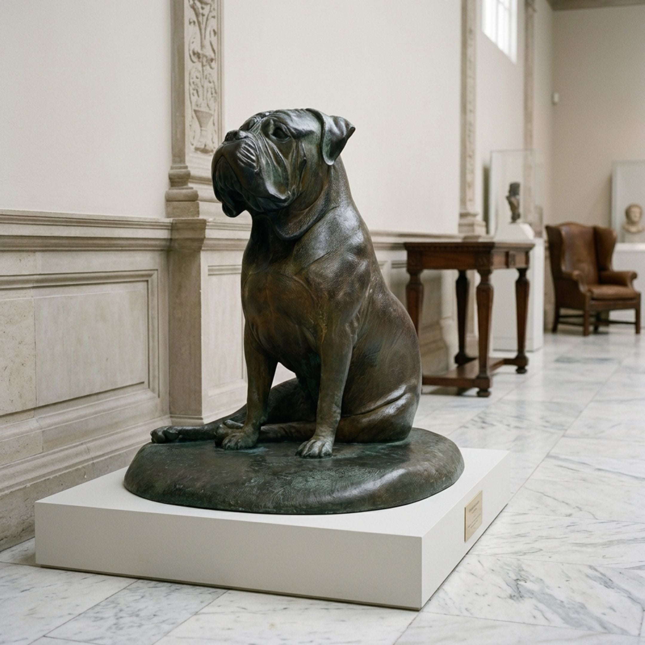 Giant Sculptures Large Traditional Seated Bulldog Bronze Sculpture, 100cm, dark patina with green oxidation, on an oval base displayed on a plinth in a marble gallery.