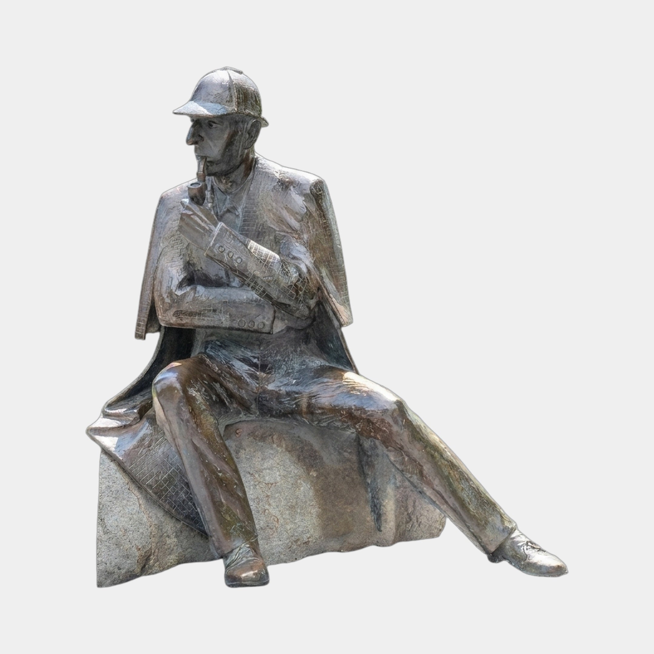 Giant Sculptures Large Traditional Seated Contemplative Figure Bronze Sculpture 180cm, seated man in deerstalker cap with pipe and document, on plain background.
