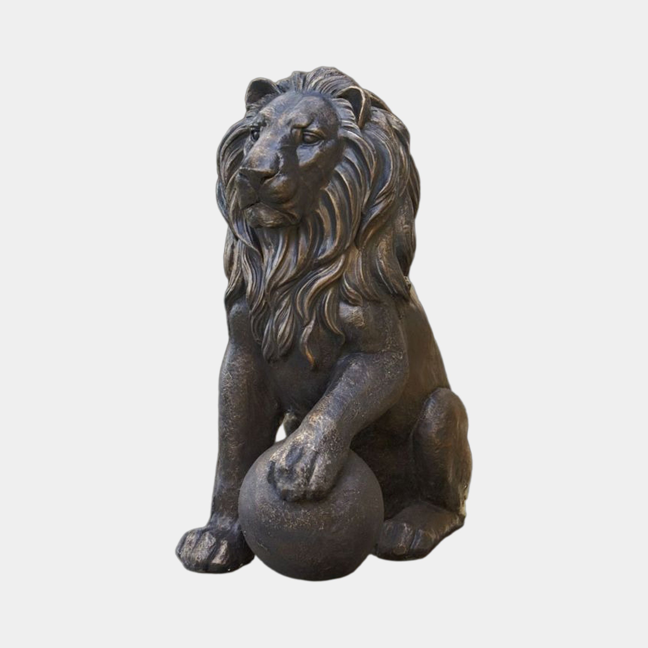 Giant Sculptures' Large Traditional Seated Lion Bronze Sculpture in dark antique finish, seated upright with right paw resting on a sphere, on a plain background.
