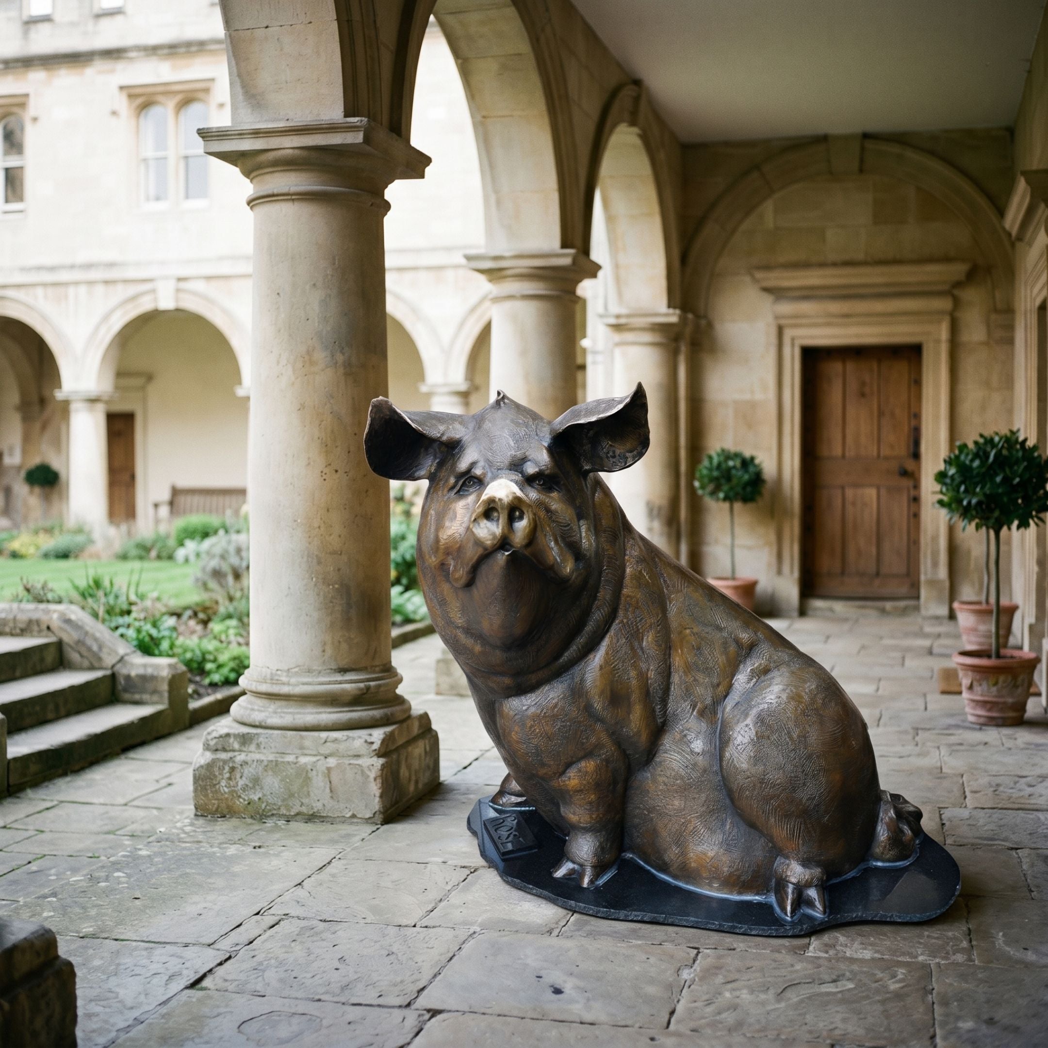 Large Traditional Seated Pig Bronze Sculpture by Giant Sculptures with warm brown patina on a dark oval base, displayed in a stone cloister courtyard.