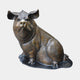 Large Traditional Seated Pig Bronze Sculpture by Giant Sculptures, shown front-on with ears forward and warm brown patina, on a dark oval base with name plaque.