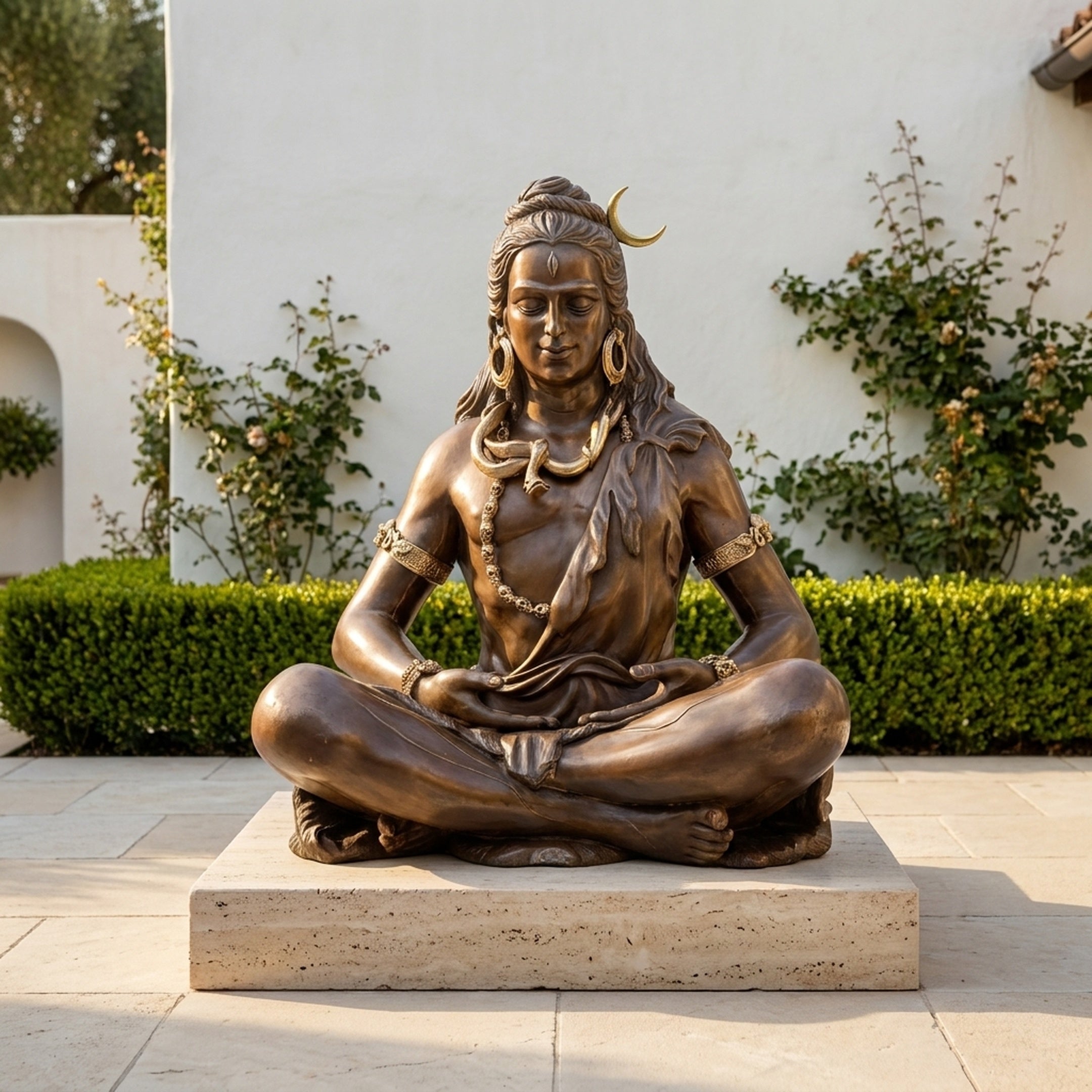Large Traditional Shiva Meditation Bronze Sculpture by Giant Sculptures in padmasana with gold crescent crown and mala, displayed on a stone plinth in a sunlit garden.