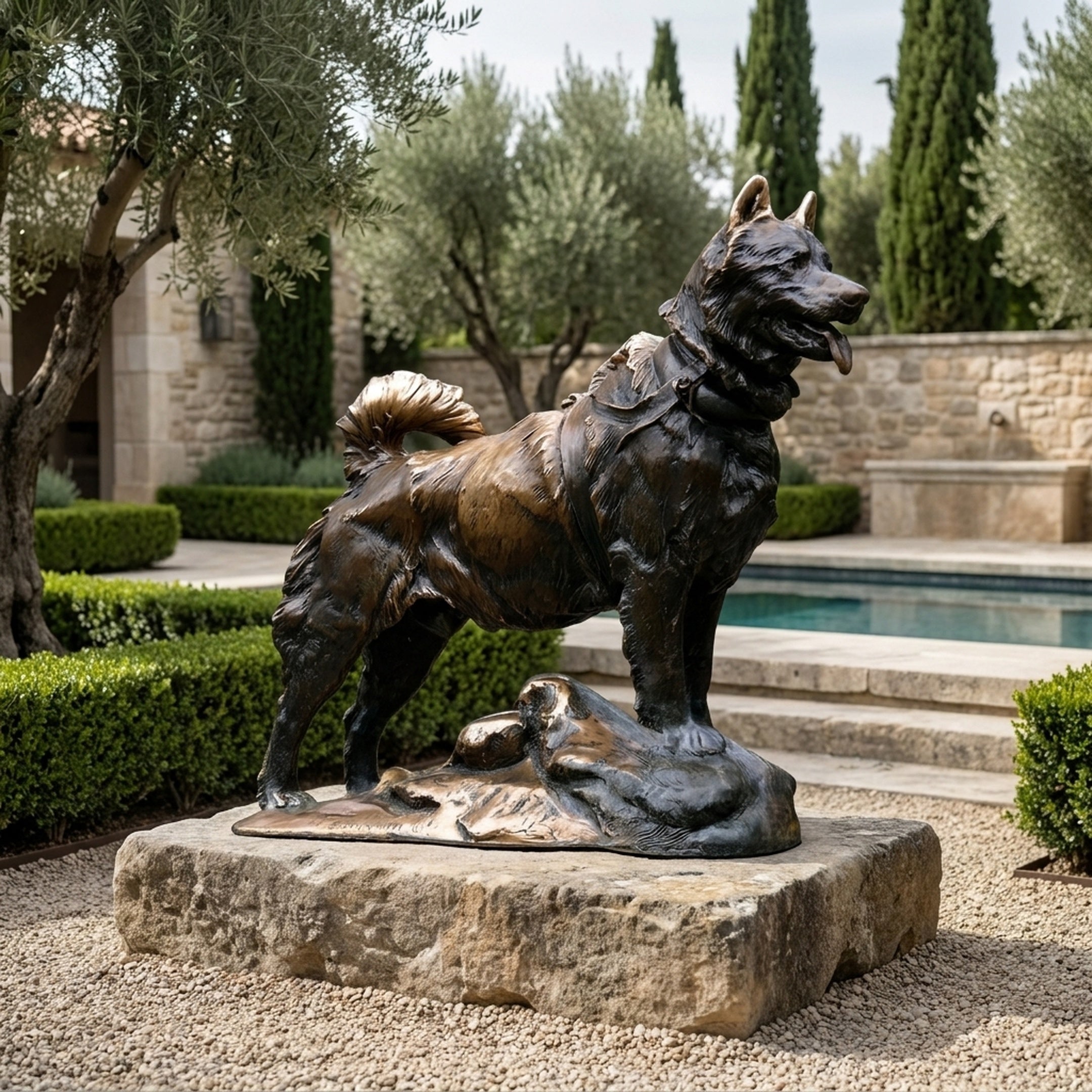 Large Traditional Sled Dog Bronze Sculpture by Giant Sculptures, 150cm husky with curled tail on a stone base, displayed in a courtyard garden by a pool.