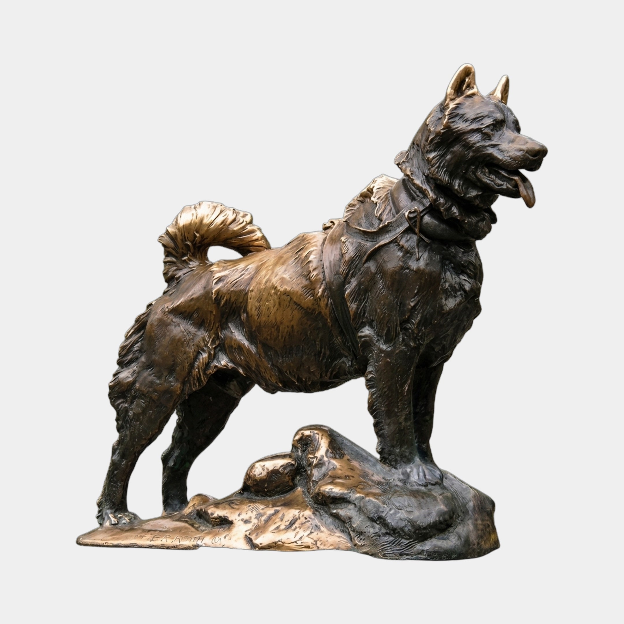 Large Traditional Sled Dog Bronze Sculpture by Giant Sculptures shown in side profile with erect ears, curled tail, harness detail, and a smaller reclining dog at the rocky base, finished in dark patina with golden-bronze highlights on a plain background.