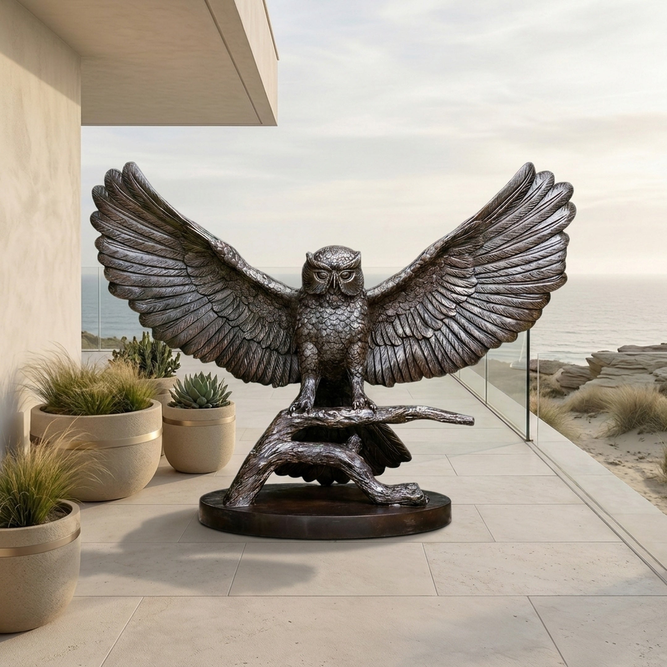 Large Traditional Spread-Wing Owl Bronze Sculpture by Giant Sculptures perched on a branch with wings fully extended, displayed on a coastal terrace.