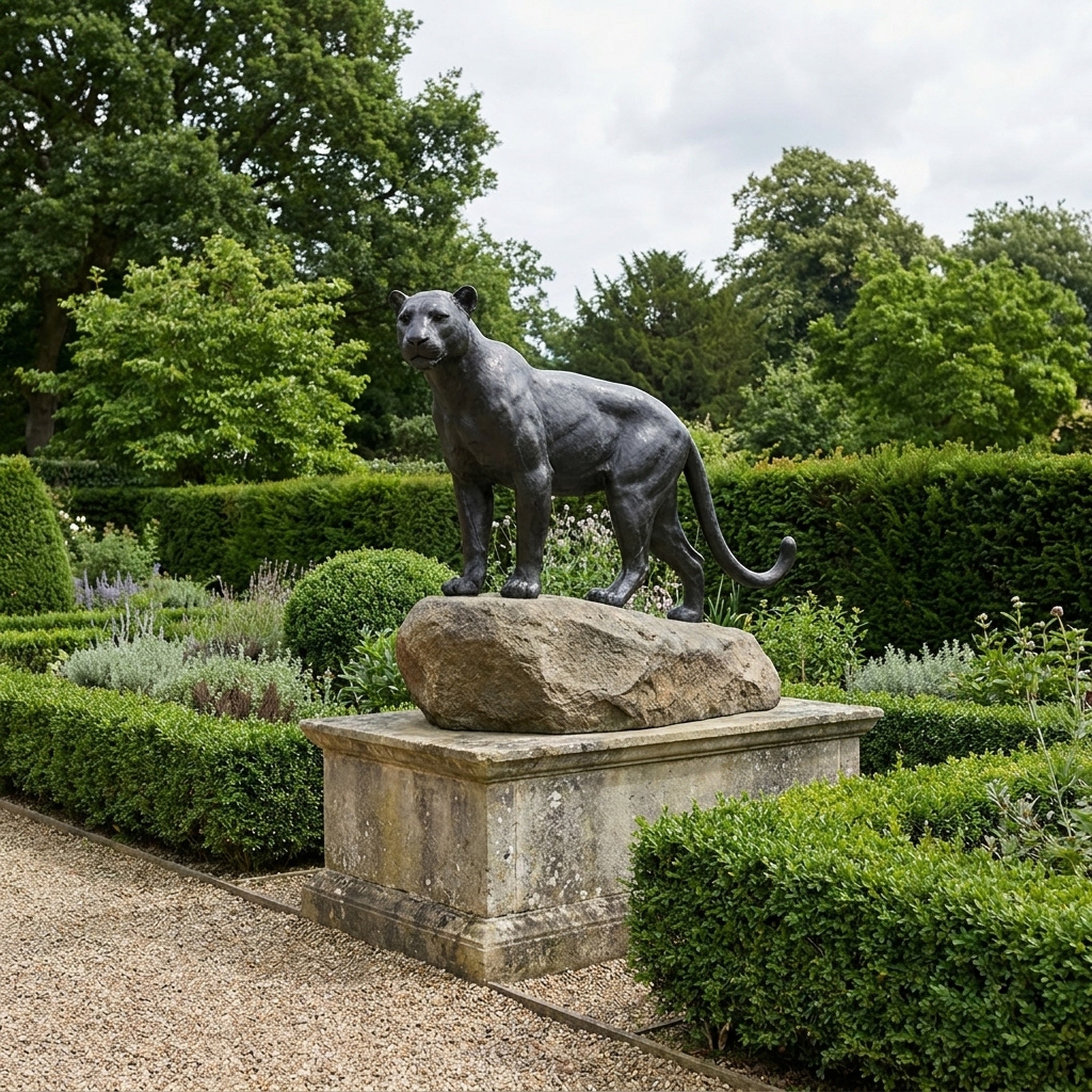 Large Traditional Stalking Panther Bronze Sculpture by Giant Sculptures, dark patina panther on a stone boulder and plinth in a hedged formal garden.
