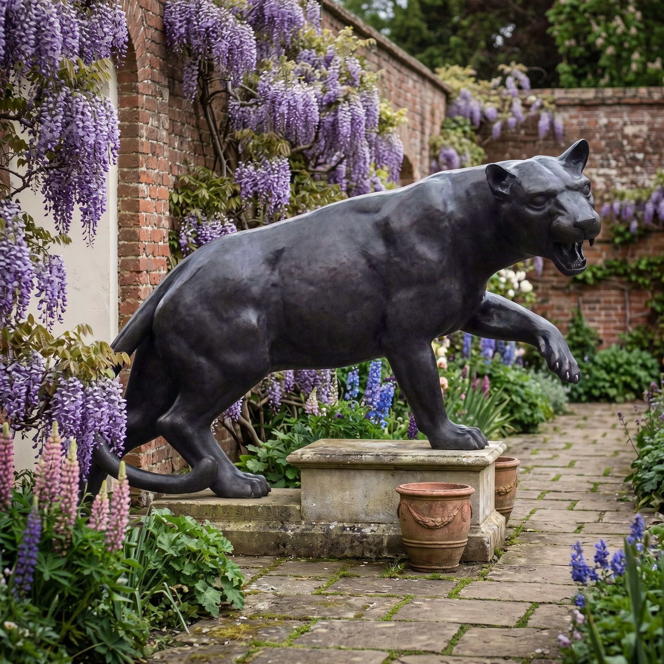 Large Traditional Stalking Panther Bronze Sculpture by Giant Sculptures in a snarling crouch on a stone plinth, set on a garden path beside wisteria.