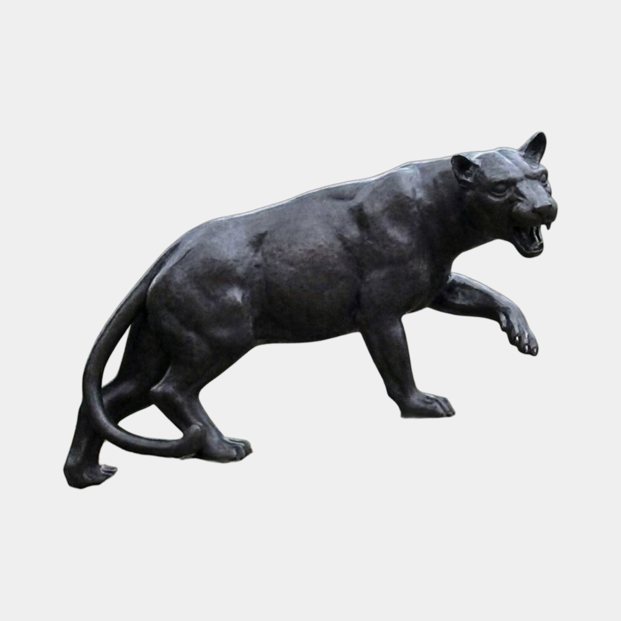 Large Traditional Stalking Panther Bronze Sculpture by Giant Sculptures, shown in side profile with snarling head, coiled body, and near-black matte patina on a plain background.