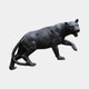 Large Traditional Stalking Panther Bronze Sculpture by Giant Sculptures, shown in side profile with snarling head, coiled body, and near-black matte patina on a plain background.