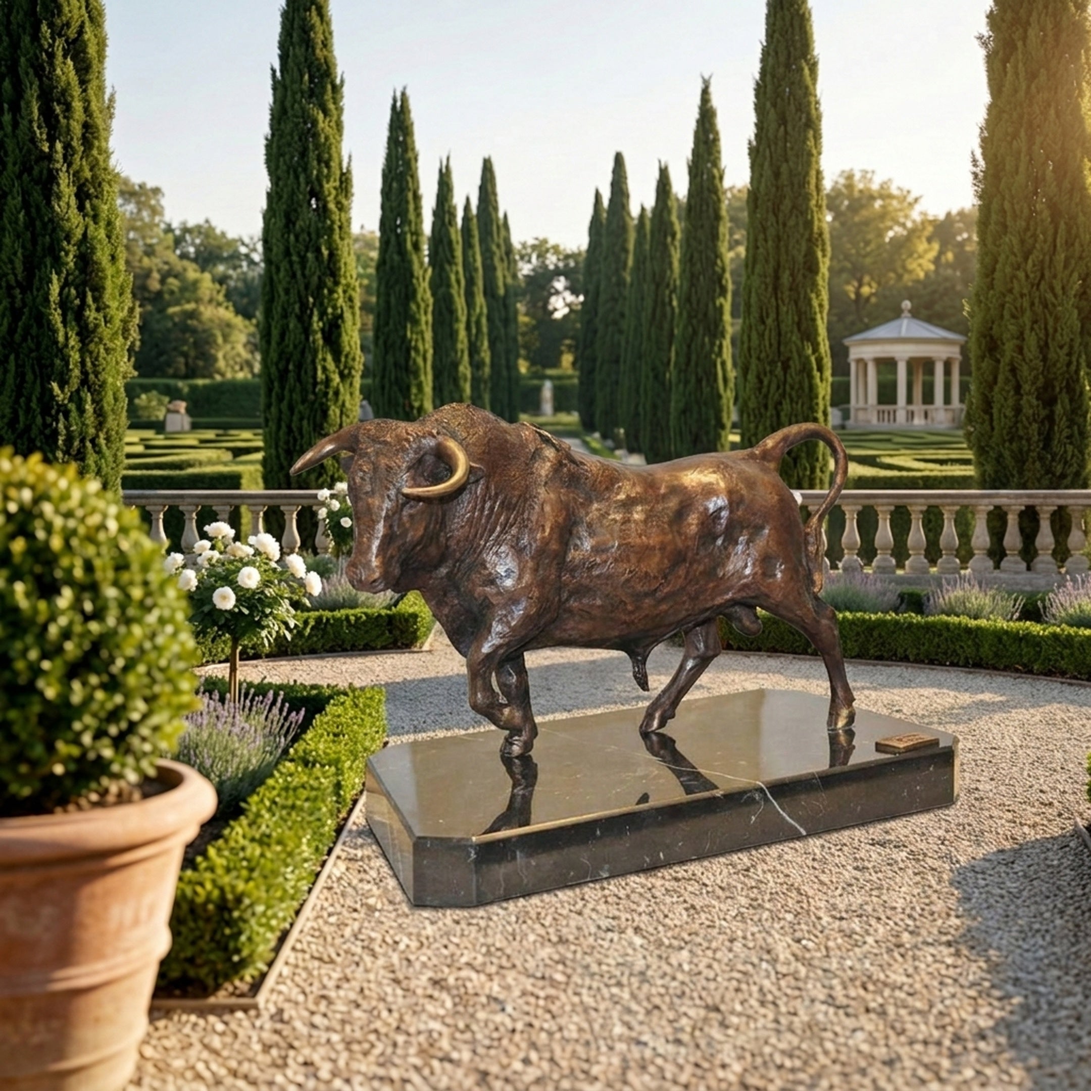 Large Traditional Striding Bull Bronze Sculpture by Giant Sculptures on a black marble base, displayed on gravel in a formal cypress-lined garden.