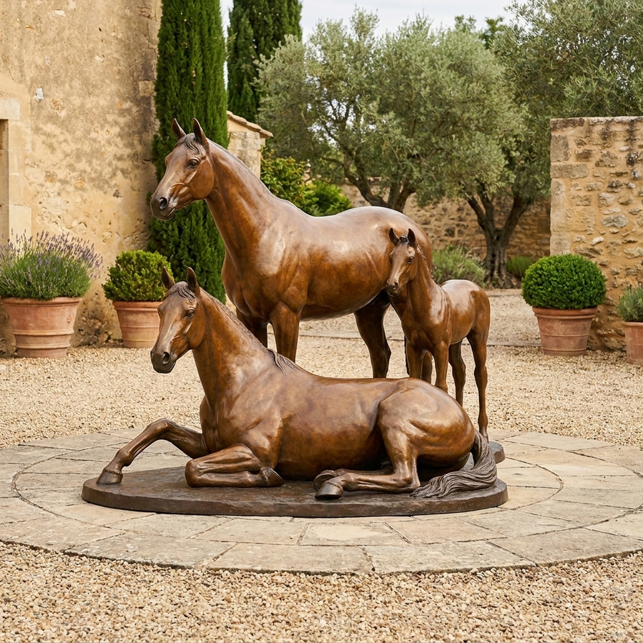 Large Traditional Three Horses Bronze Sculpture by Giant Sculptures in warm amber patina, with reclining mare, standing horse, and foal on a stone courtyard.