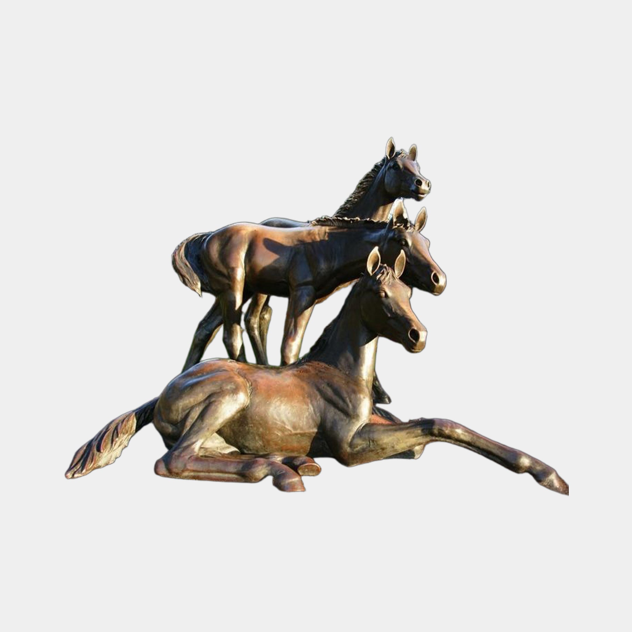 Large Traditional Three Horses Bronze Sculpture by Giant Sculptures, 180cm, showing a recumbent foal, standing horse, and rearing horse in warm amber patina.
