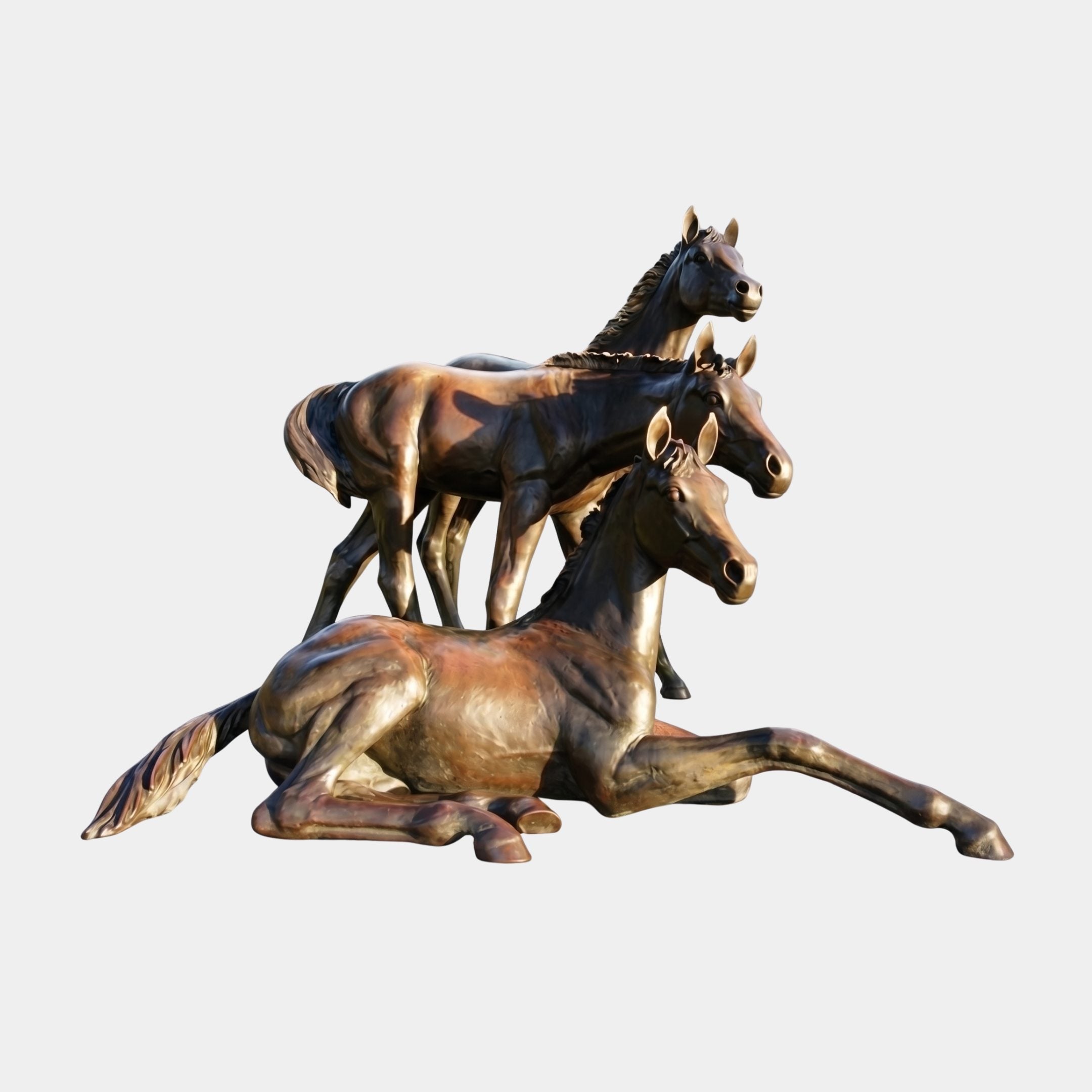 Large Traditional Three Horses Bronze Sculpture by Giant Sculptures, 180cm, showing a recumbent foal, standing horse, and rearing horse in warm amber patina.