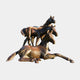 Large Traditional Three Horses Bronze Sculpture by Giant Sculptures, 180cm, showing a recumbent foal, standing horse, and rearing horse in warm amber patina.
