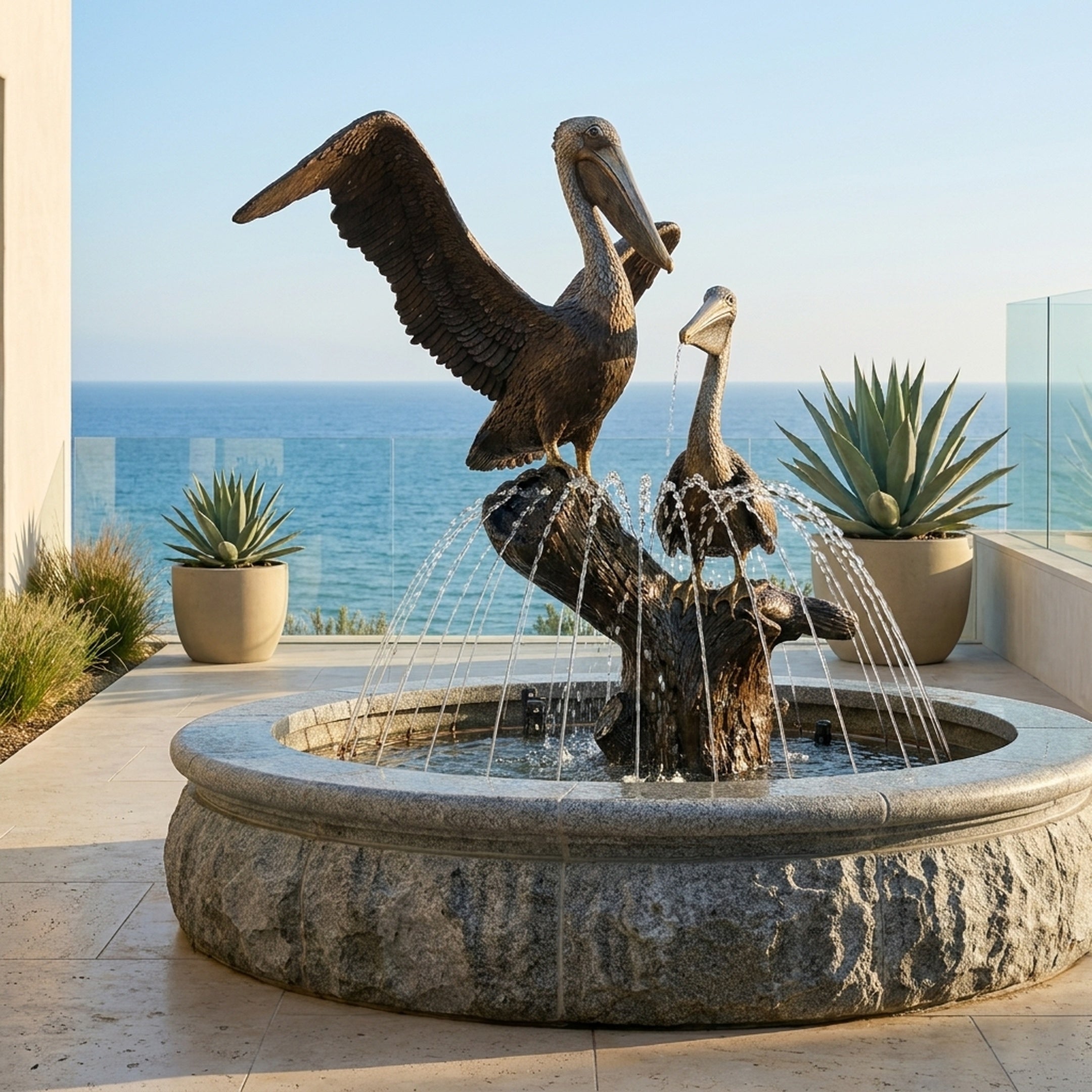 Large Traditional Twin Pelican Bronze Fountain by Giant Sculptures on a seaside terrace, with water jets arcing into the granite basin beside potted agaves.