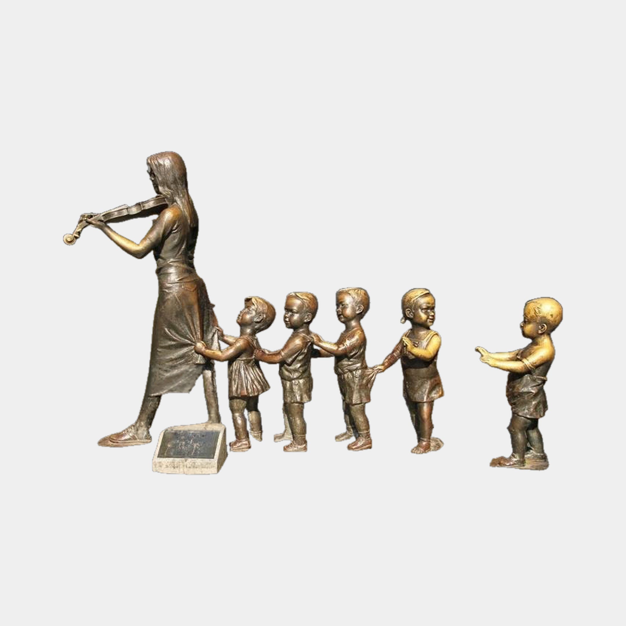 Giant Sculptures' 200cm Large Traditional Violinist and Children Bronze Sculpture showing a woman playing violin as five children follow in procession, warm golden-brown patina.