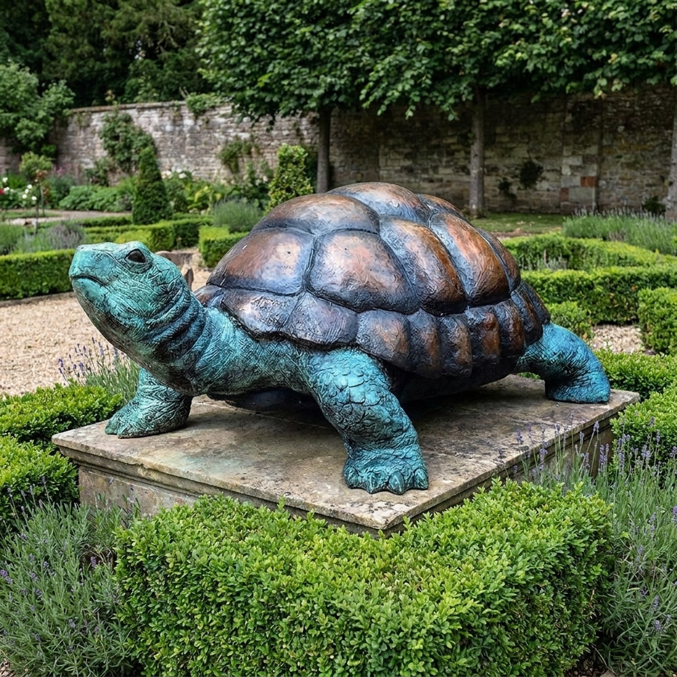 Large Traditional Walking Tortoise Bronze Sculpture by Giant Sculptures on a stone plinth in a walled garden, with verdigris head and limbs and warm brown shell.